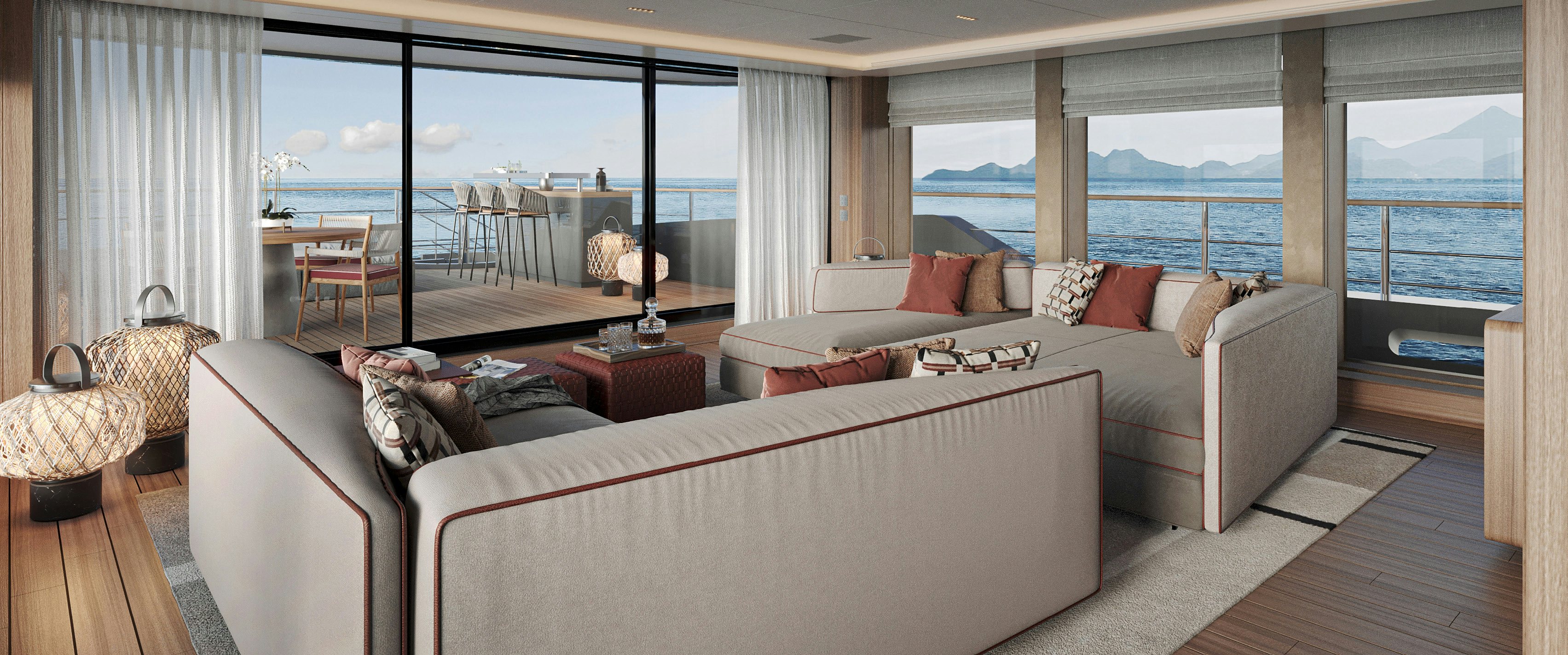 a living room with a large window aboard PARA BELLUM Yacht for Charter