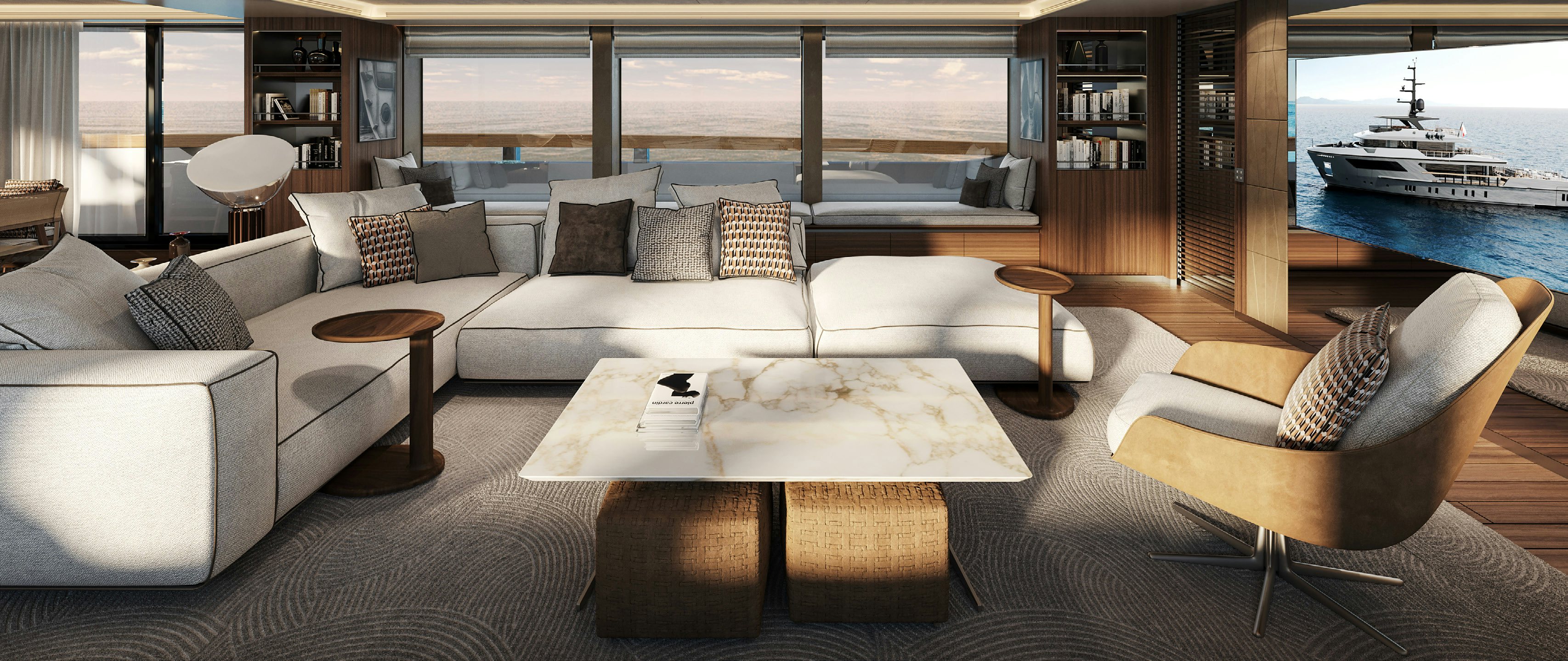 a living room with a couch and a table aboard PARA BELLUM Yacht for Charter