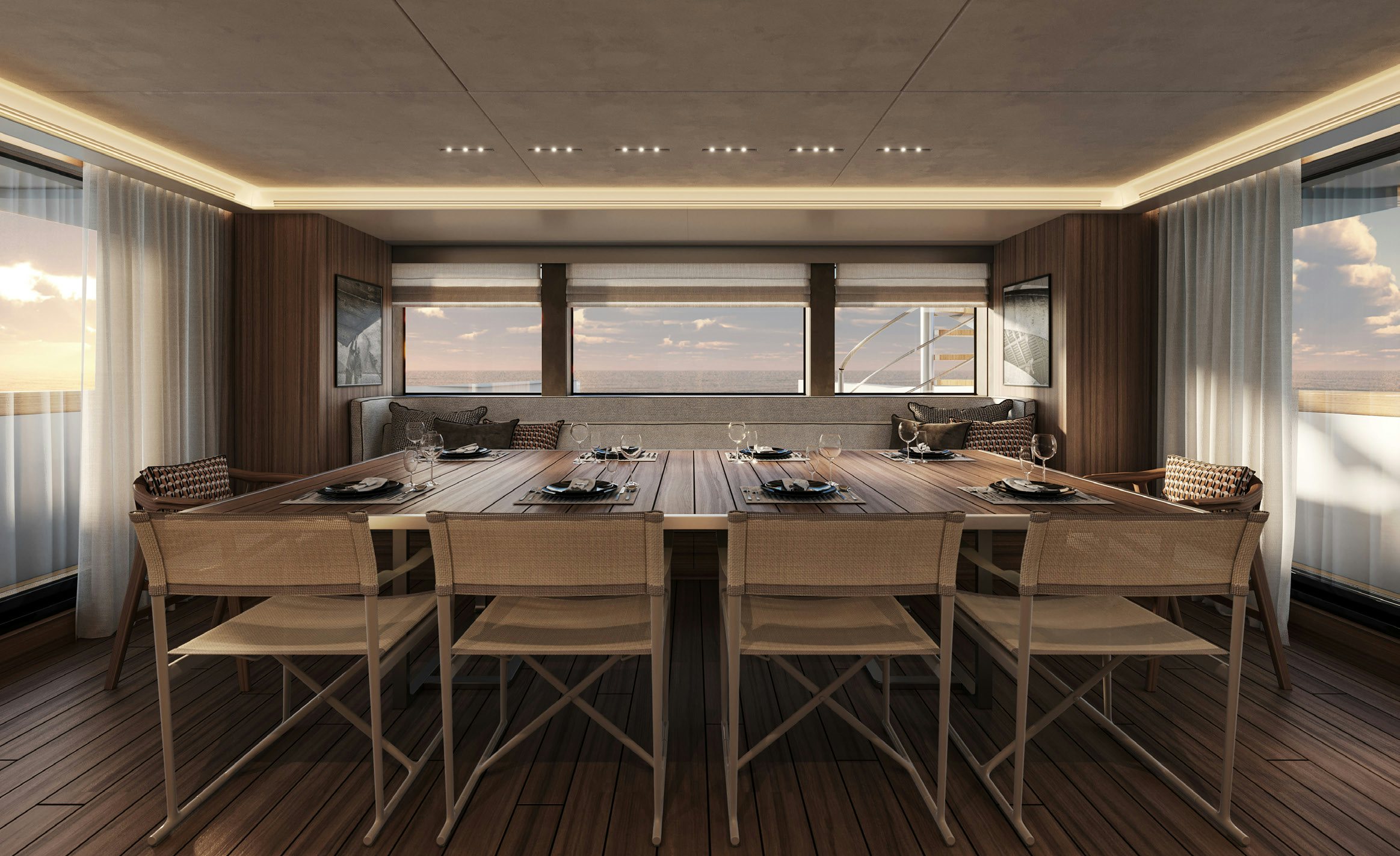 a large conference room with a table and chairs aboard PARA BELLUM Yacht for Charter