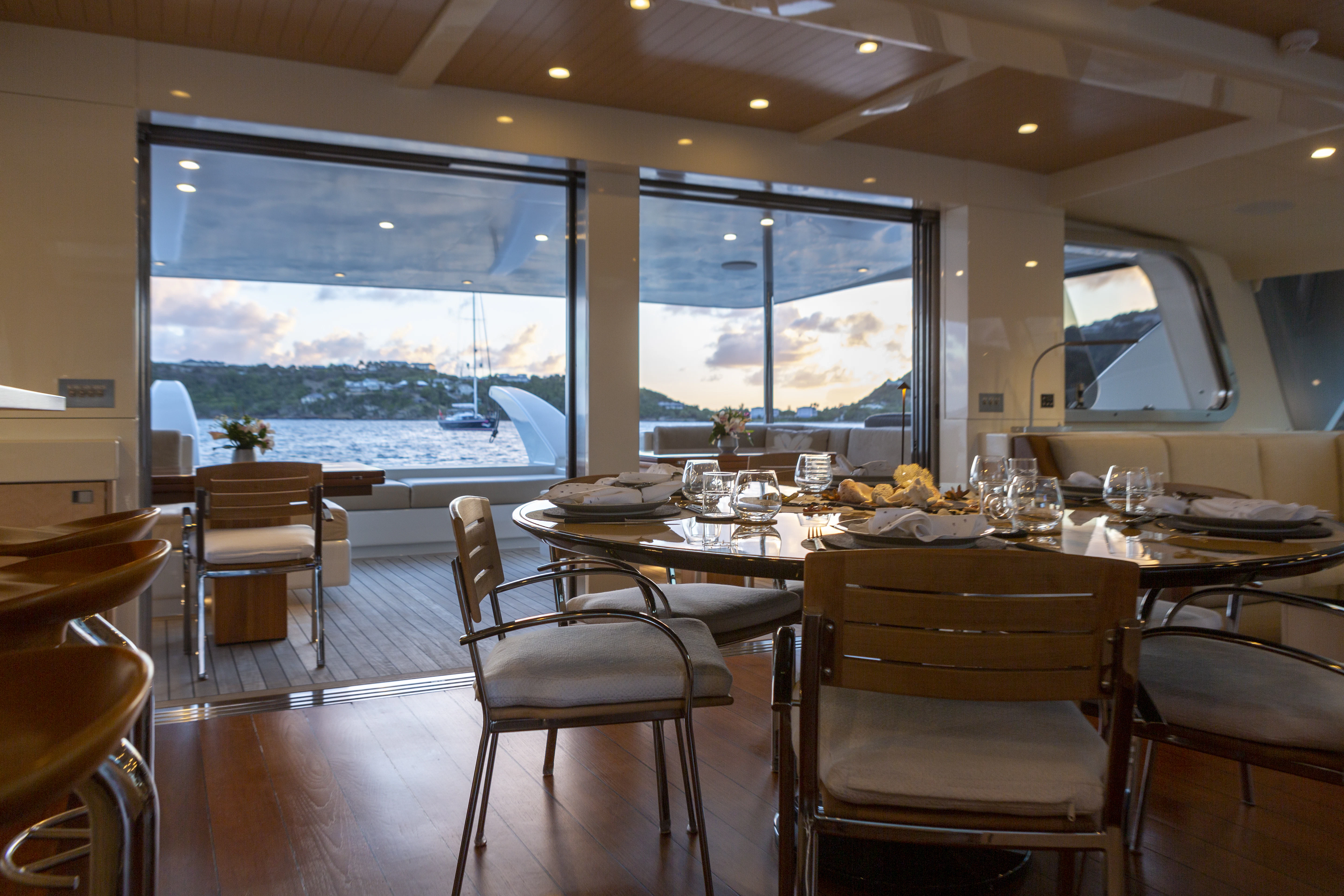 a restaurant with a large window aboard TIGER LILY TOO Yacht for Sale