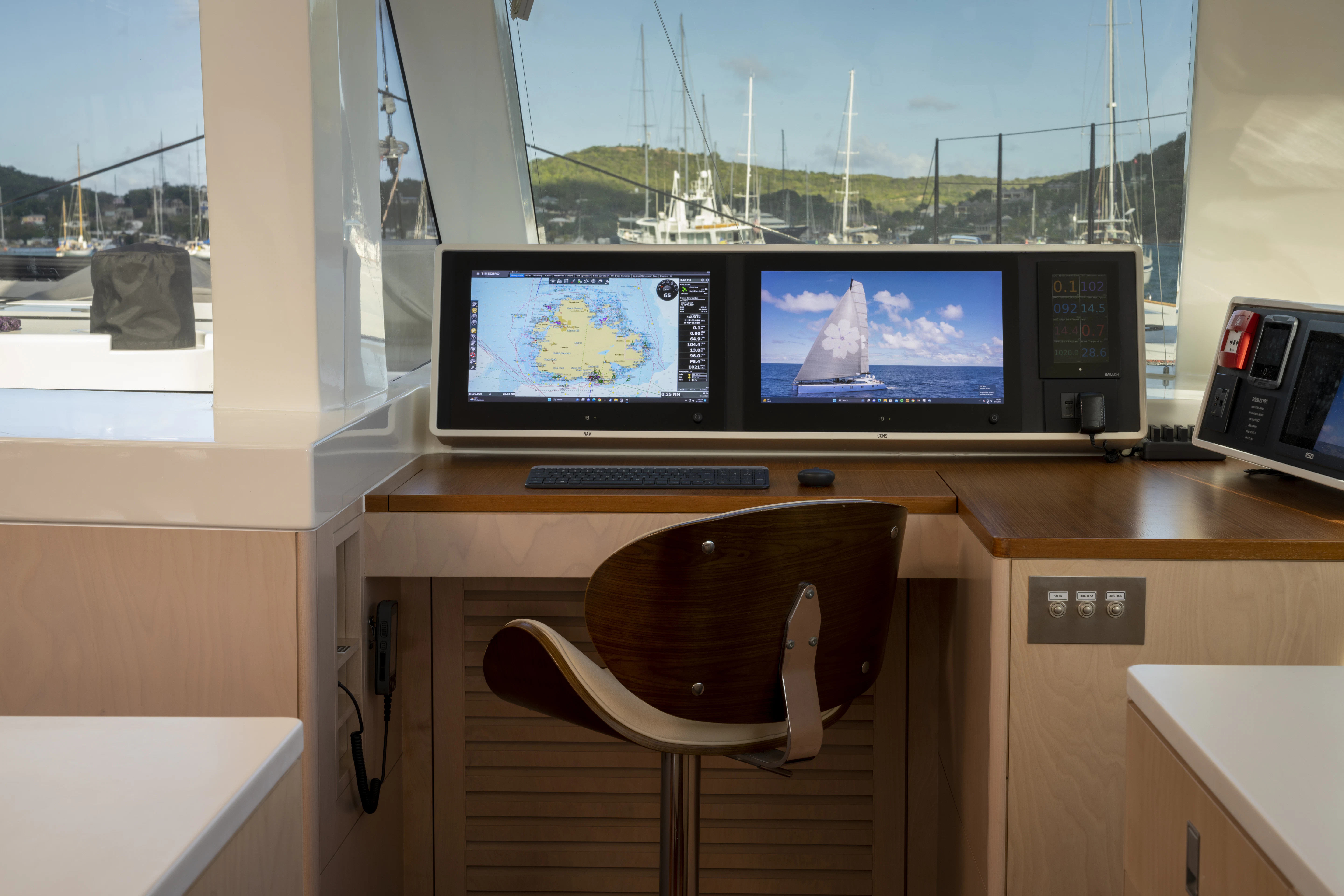 a room with a desk and chairs and a tv on the wall aboard TIGER LILY TOO Yacht for Sale