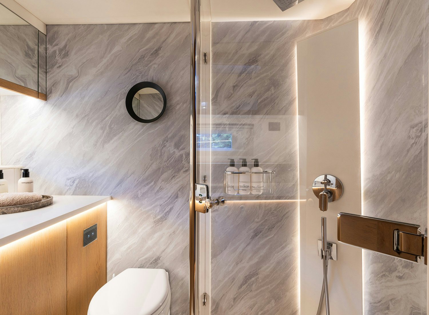 a shower unit in a bathroom aboard CHAMPAGNE HIPPY Yacht for Sale
