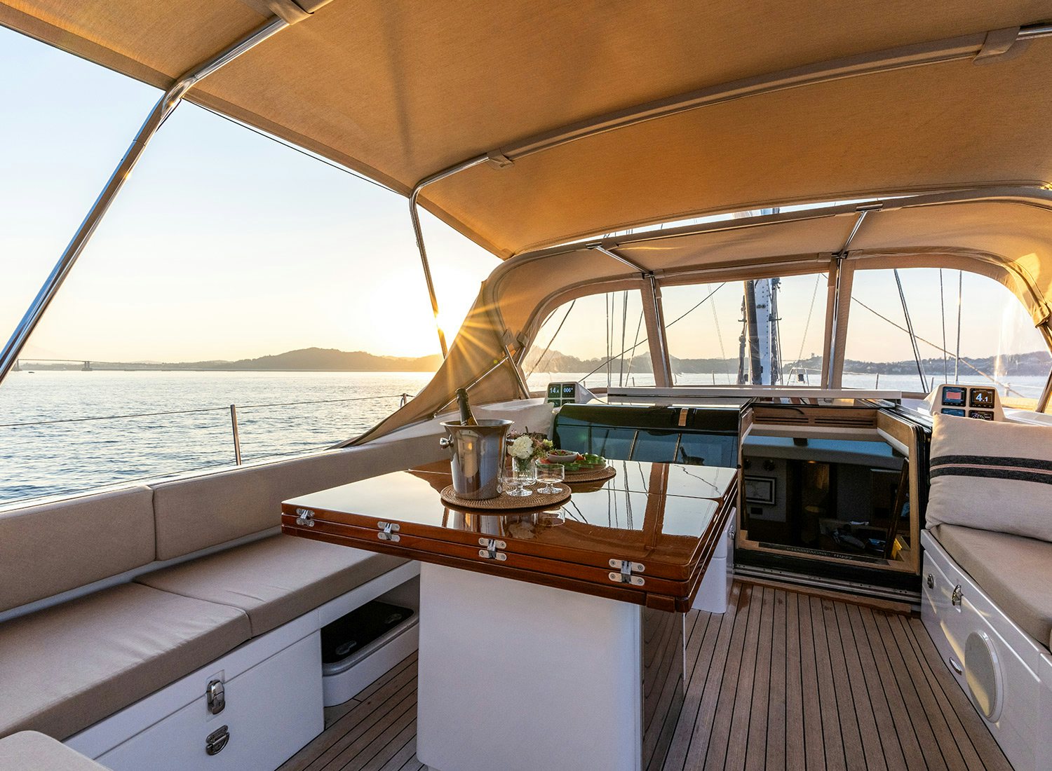 a boat with a table and chairs aboard CHAMPAGNE HIPPY Yacht for Sale