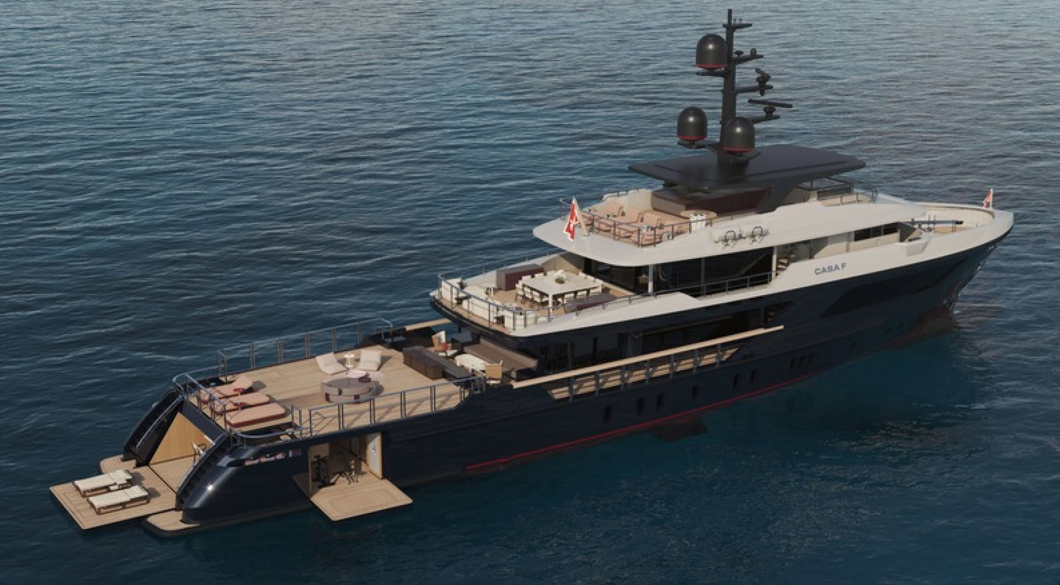 a large ship in the water aboard CASA F Yacht for Charter
