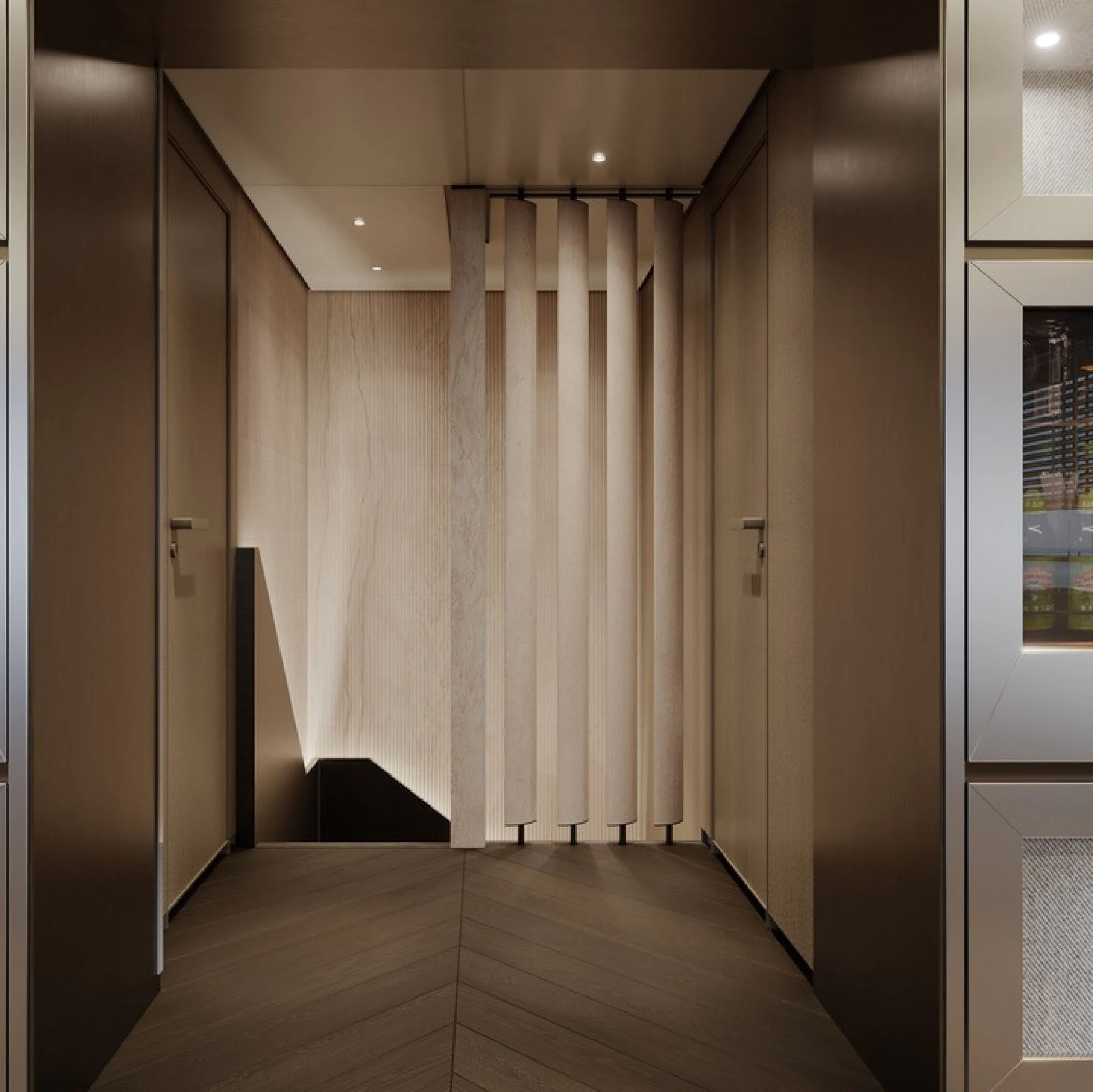 a room with a wood floor and a white curtain aboard CASA F Yacht for Charter