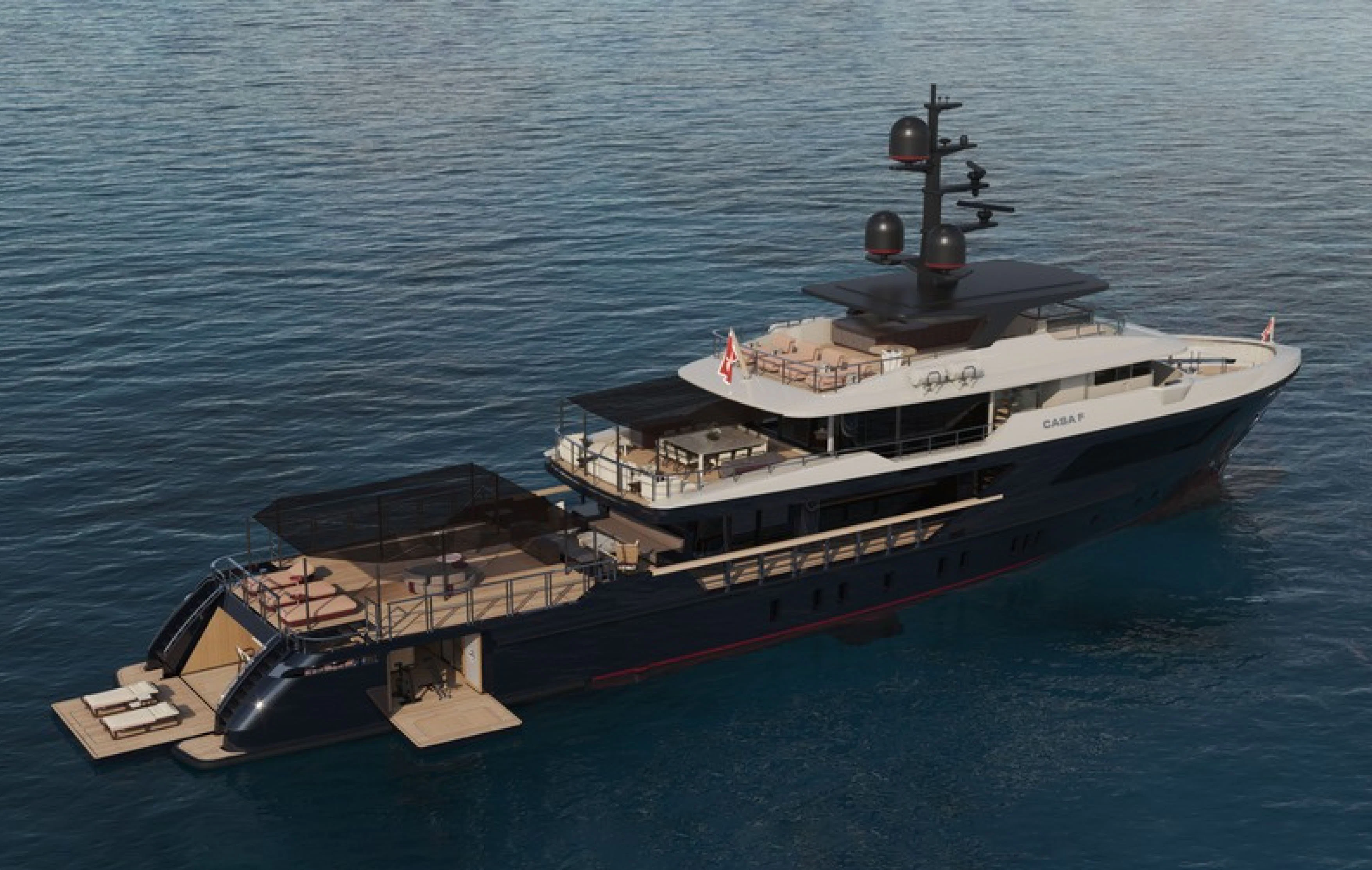 a large ship in the water aboard CASA F Yacht for Charter