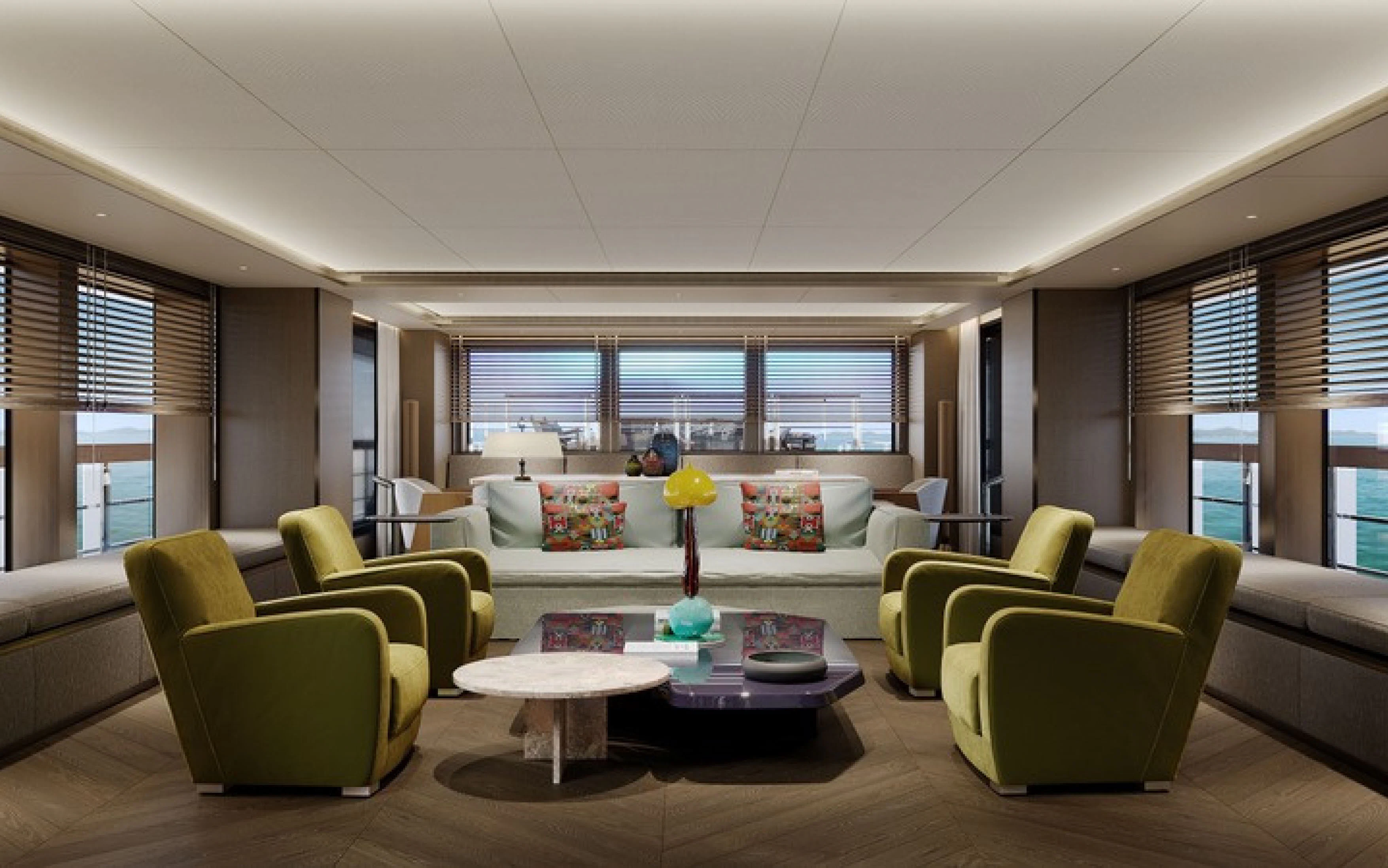 a living room with a couch and a table aboard CASA F Yacht for Charter