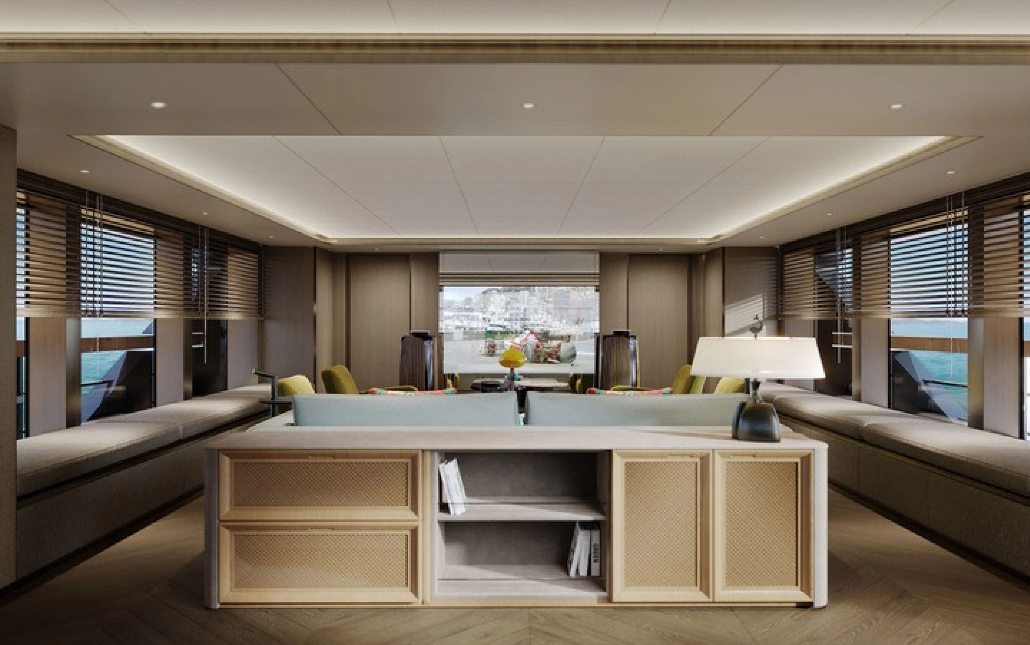 a living room with a large window aboard CASA F Yacht for Charter
