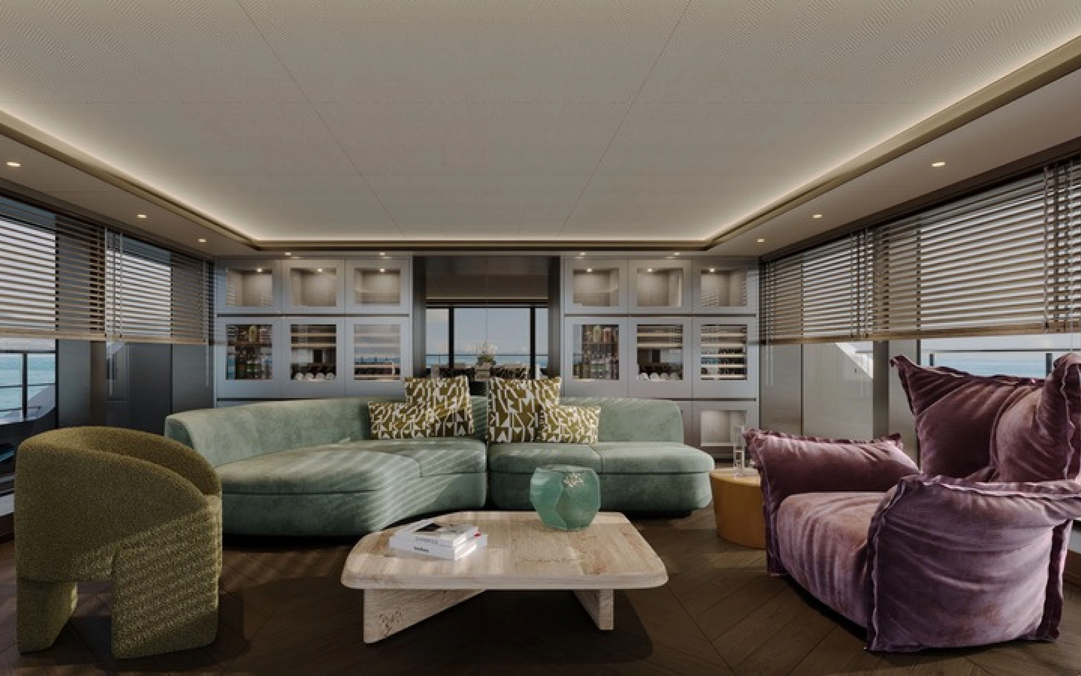 a living room with couches and a coffee table aboard CASA F Yacht for Charter