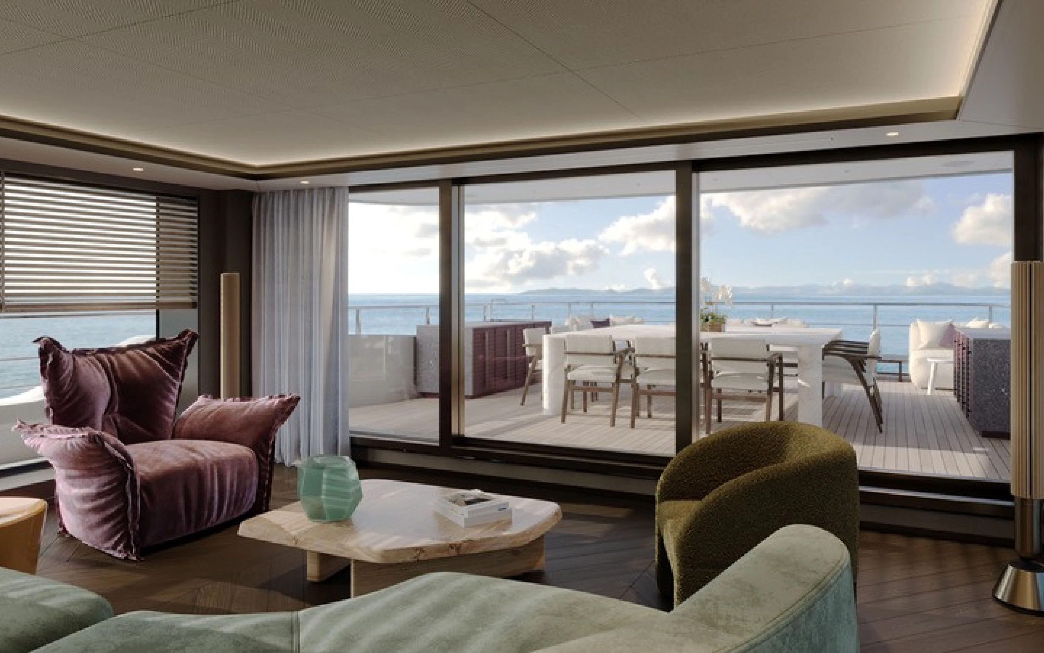 a living room with a large window aboard CASA F Yacht for Charter