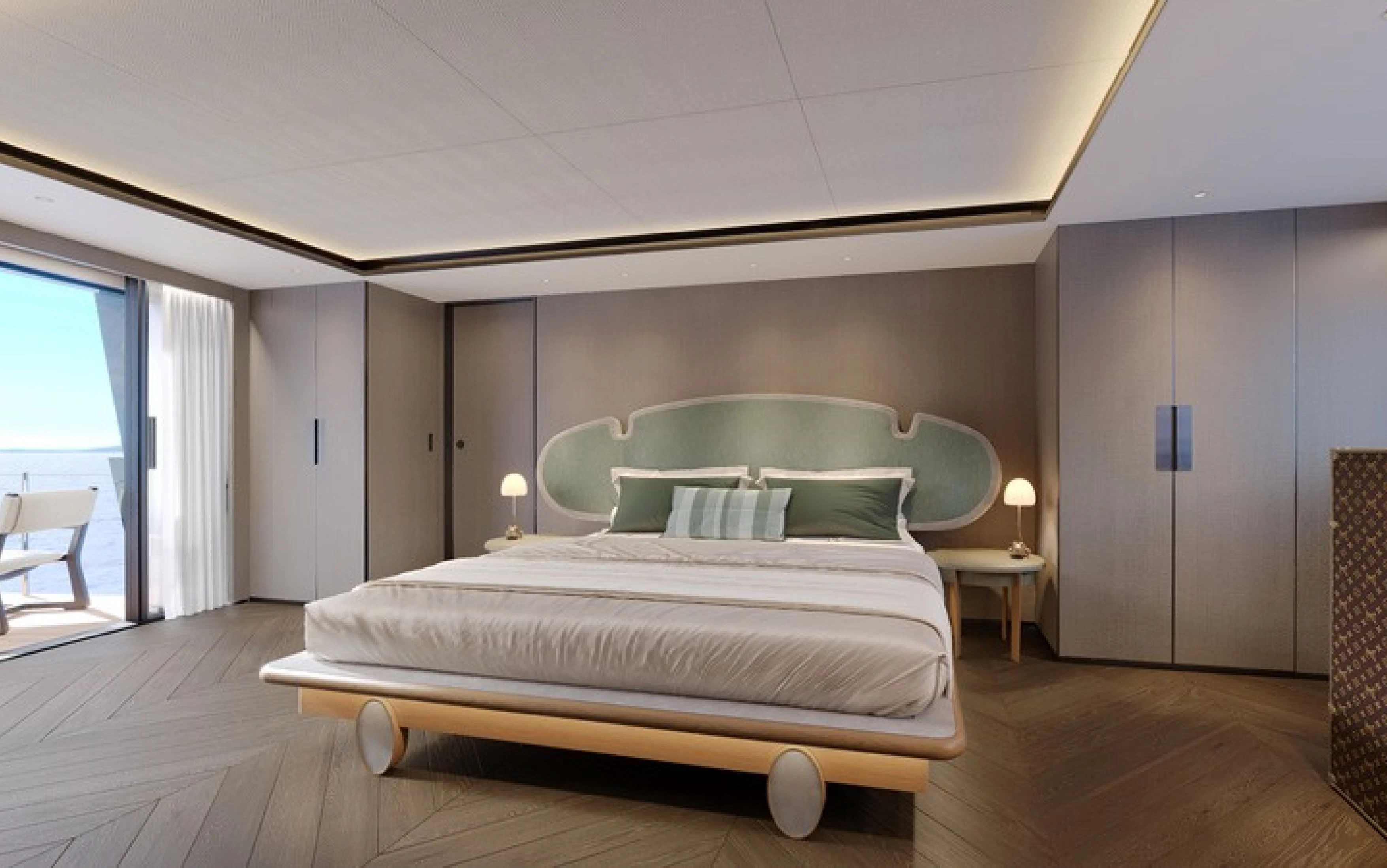 a room with a bed and a table aboard CASA F Yacht for Charter