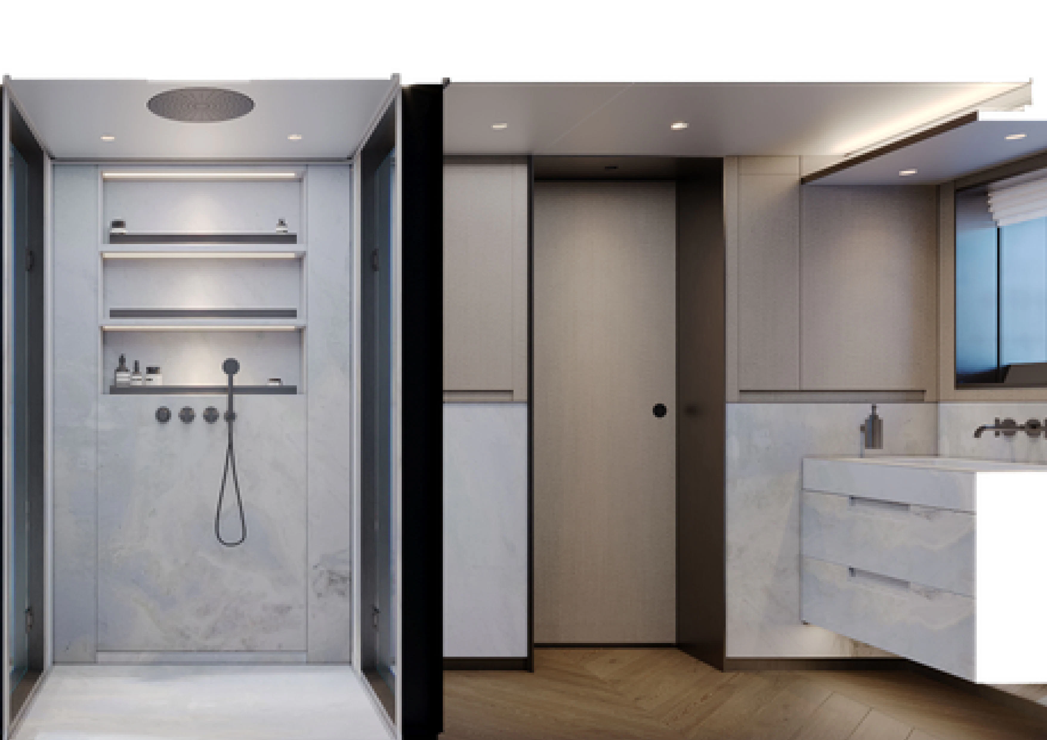 a white kitchen with a white counter aboard CASA F Yacht for Charter