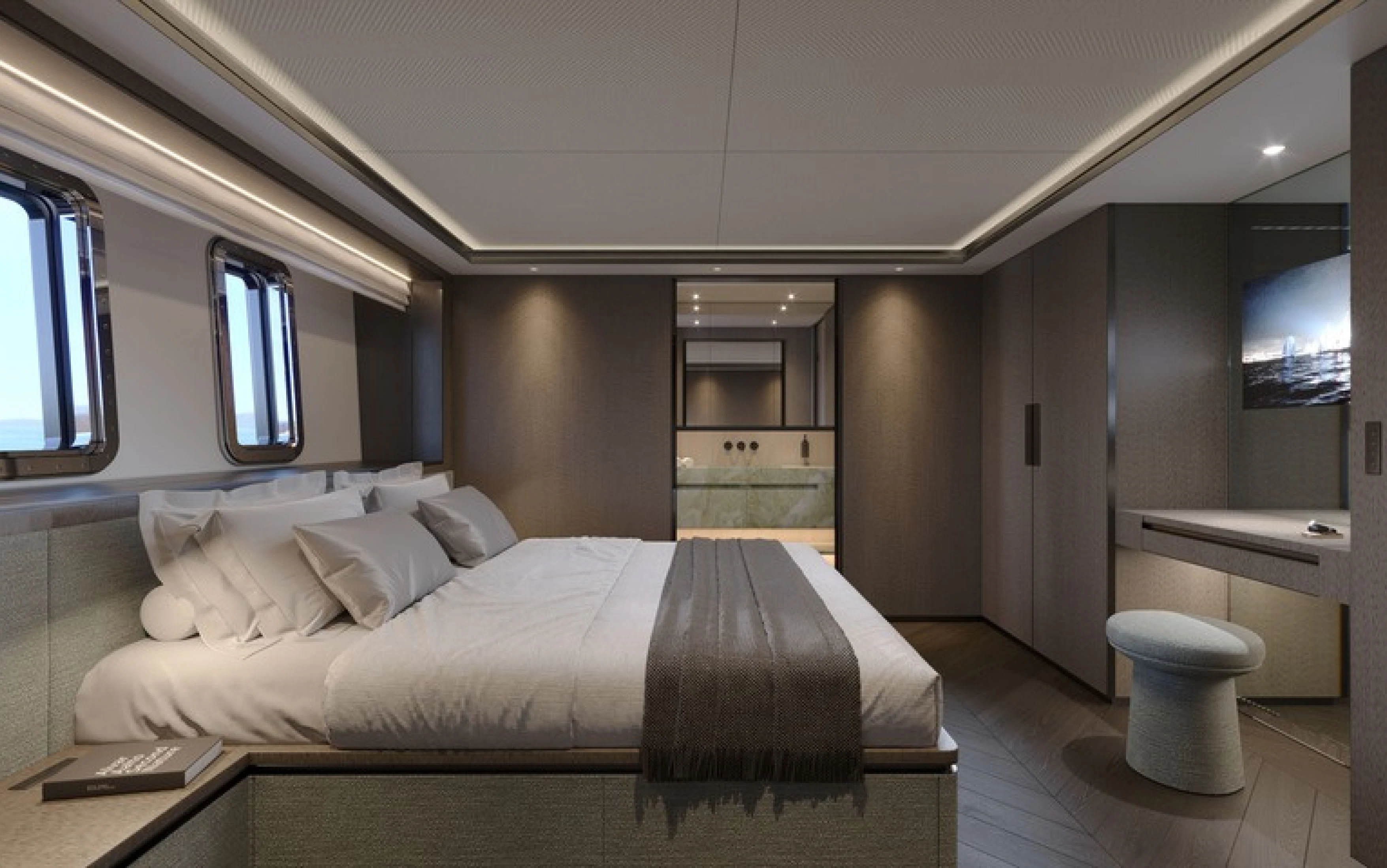 a bed in a room aboard CASA F Yacht for Charter