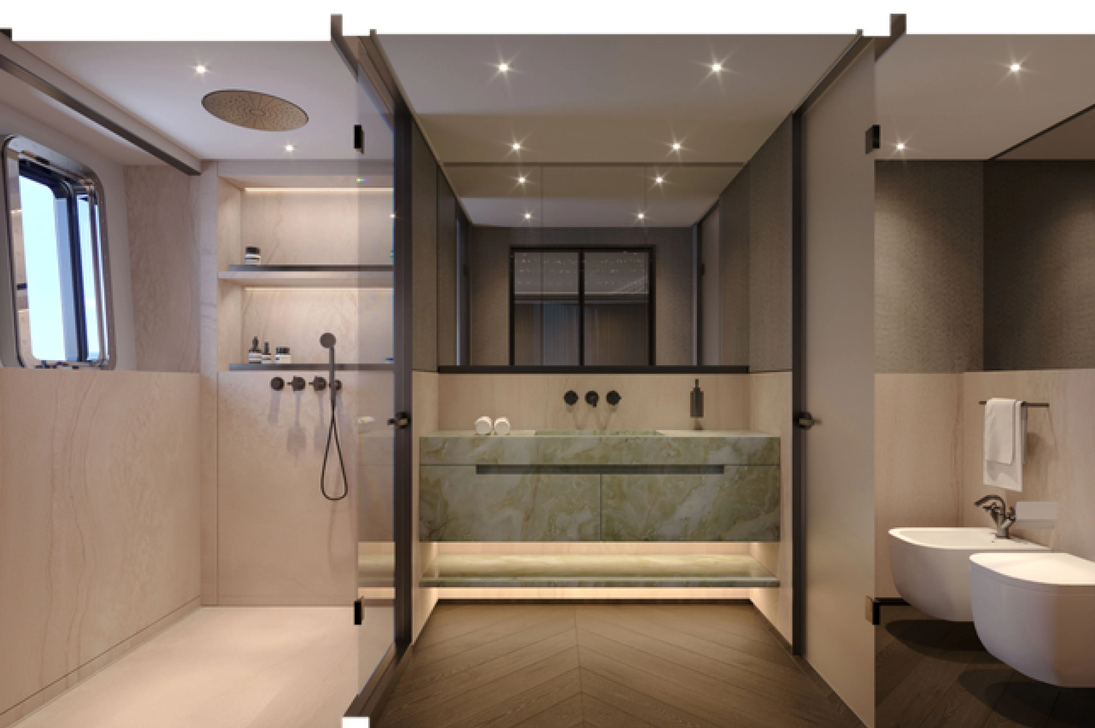 a bathroom with a glass shower aboard CASA F Yacht for Charter