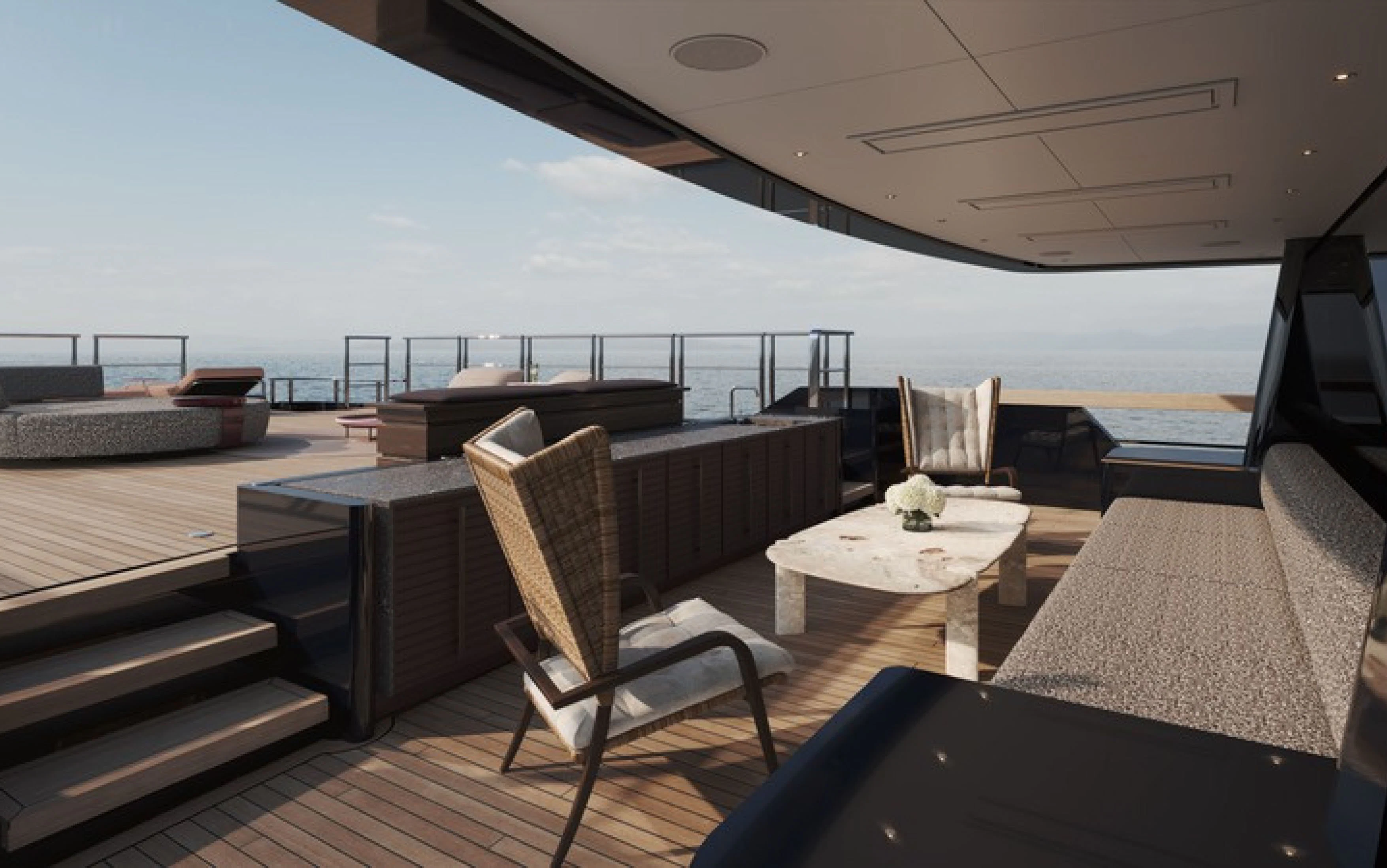 a room with a view of the ocean and a deck aboard CASA F Yacht for Charter