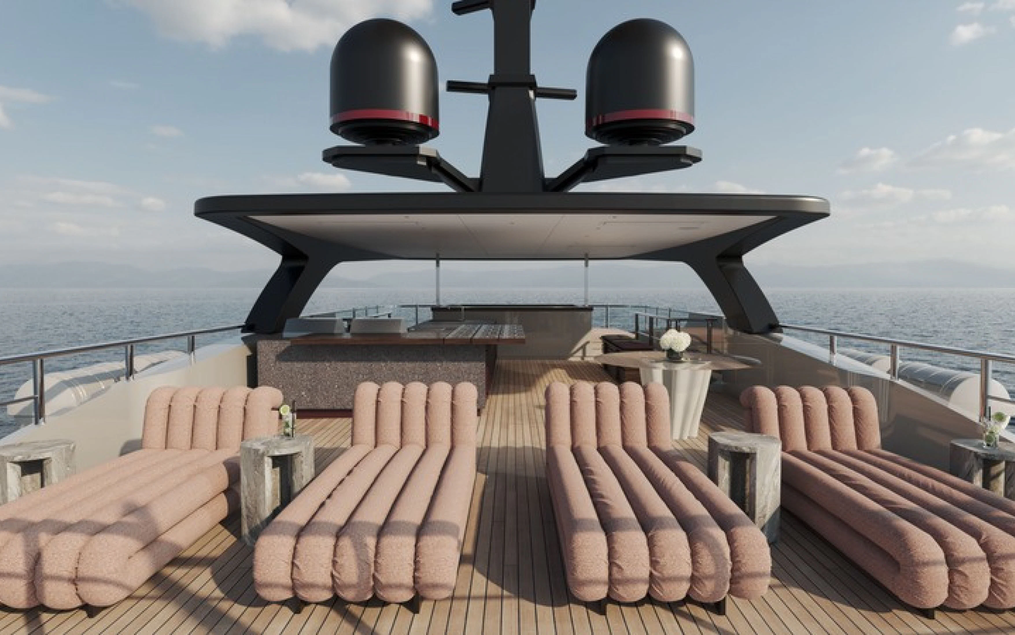 a deck with a large ship in the background aboard CASA F Yacht for Charter