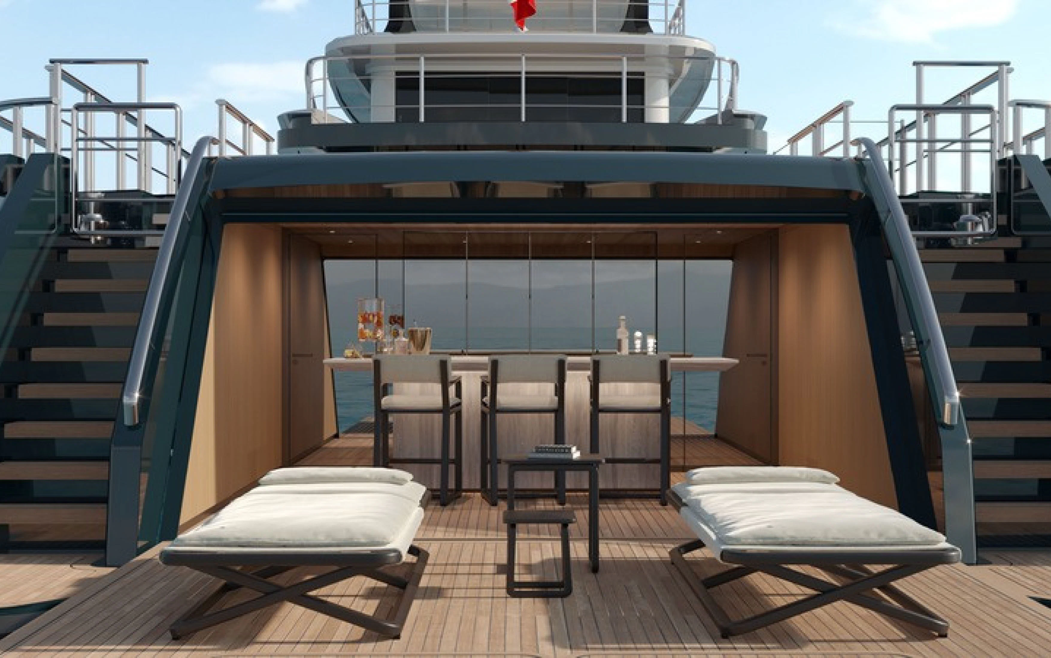a deck with a bar and chairs aboard CASA F Yacht for Charter