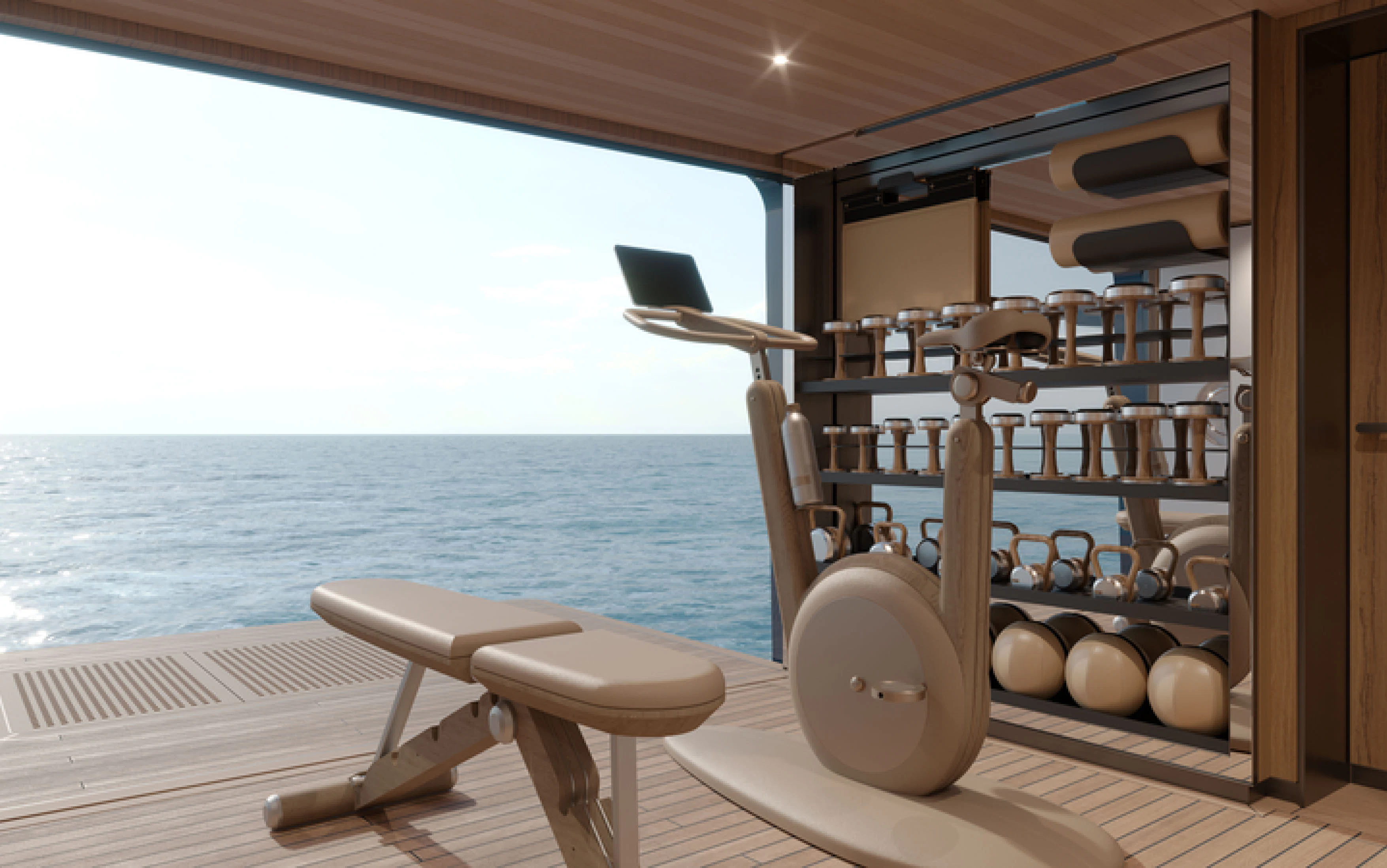 a room with a large window and a view of the ocean aboard CASA F Yacht for Charter