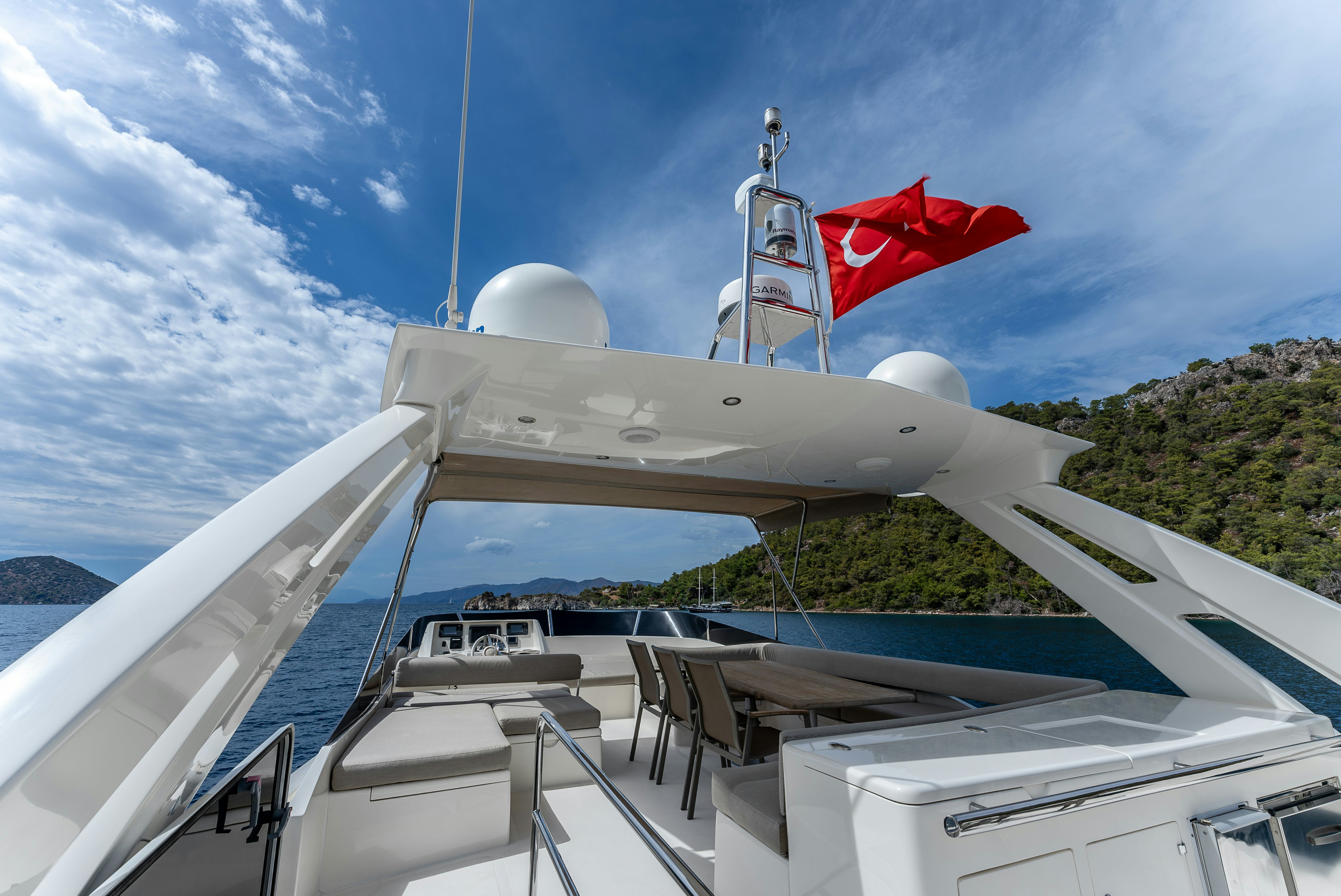 a boat with a flag on the front aboard LADY F Yacht for Sale