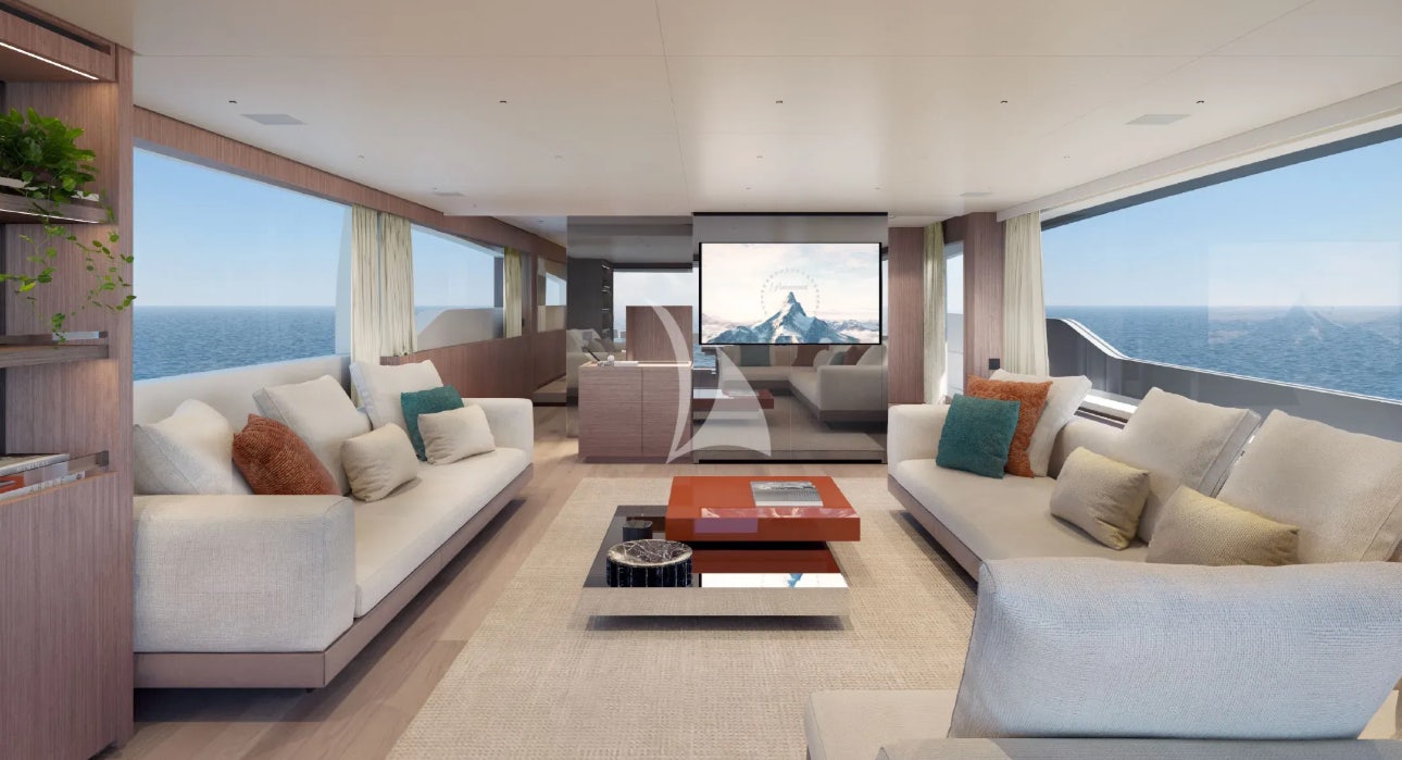 a living room with a large window aboard CATCH ME Yacht for Charter