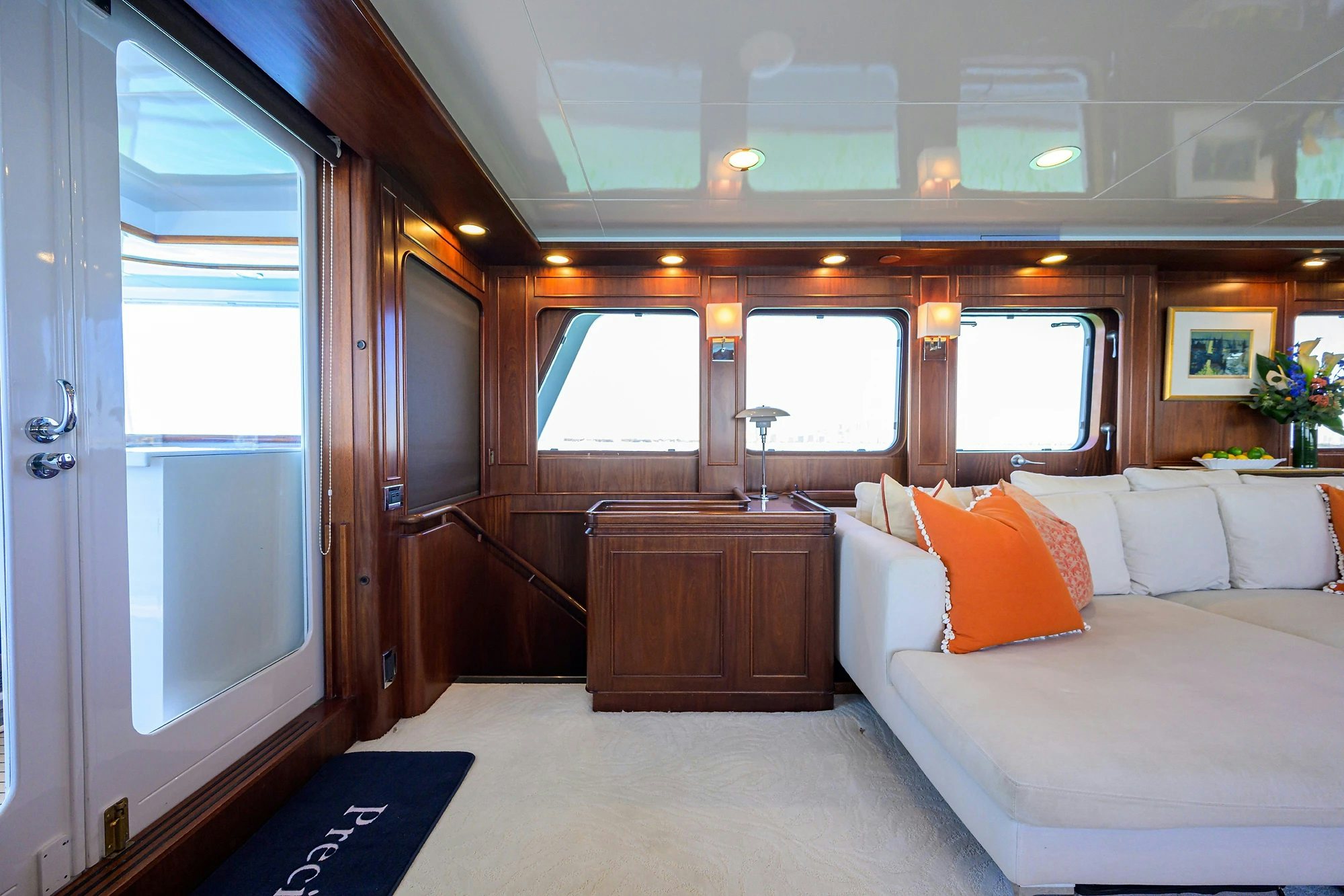 a room with a bed and a window aboard AVENTURER Yacht for Sale