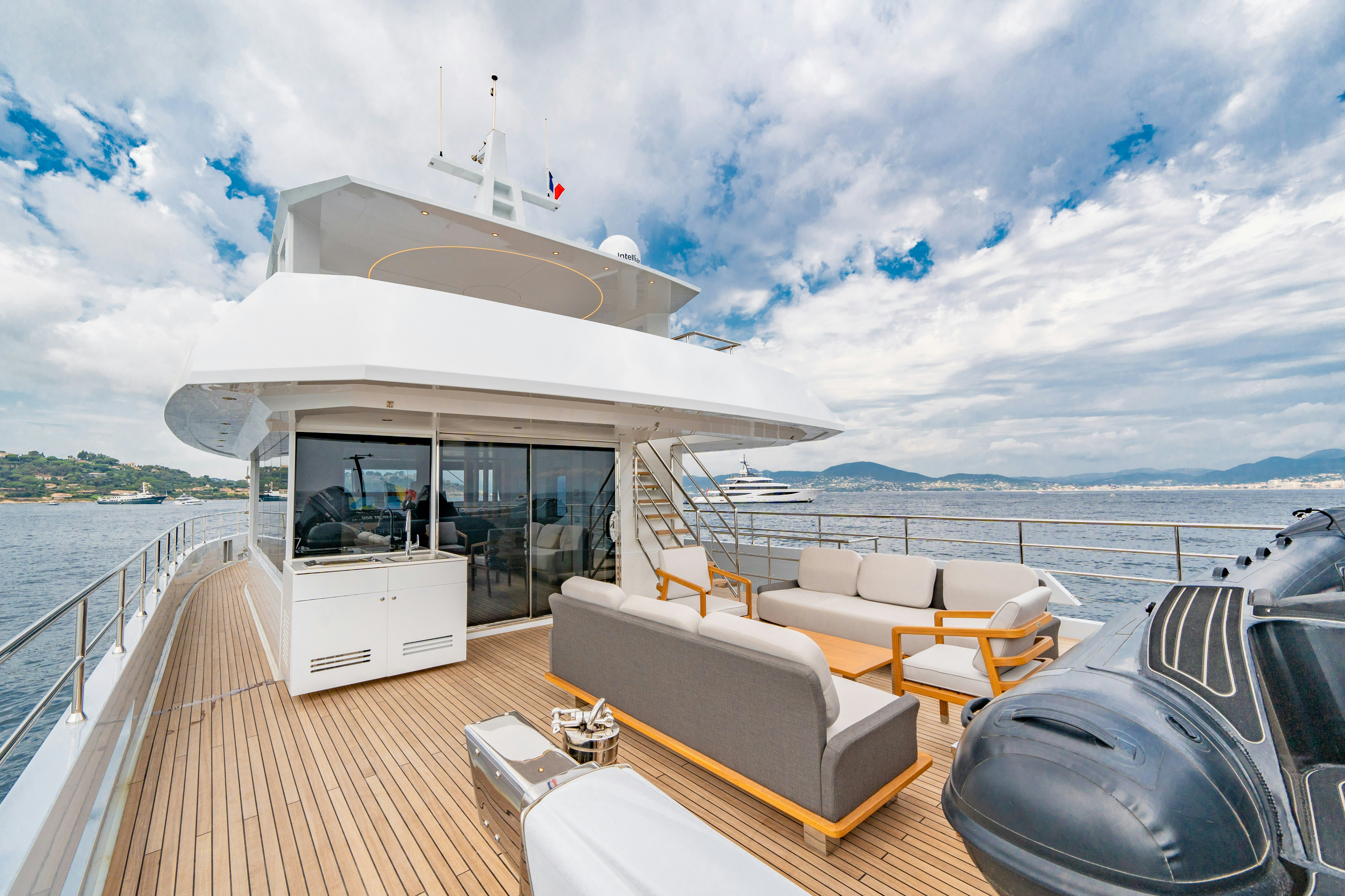 a boat on a deck aboard ICE Yacht for Sale