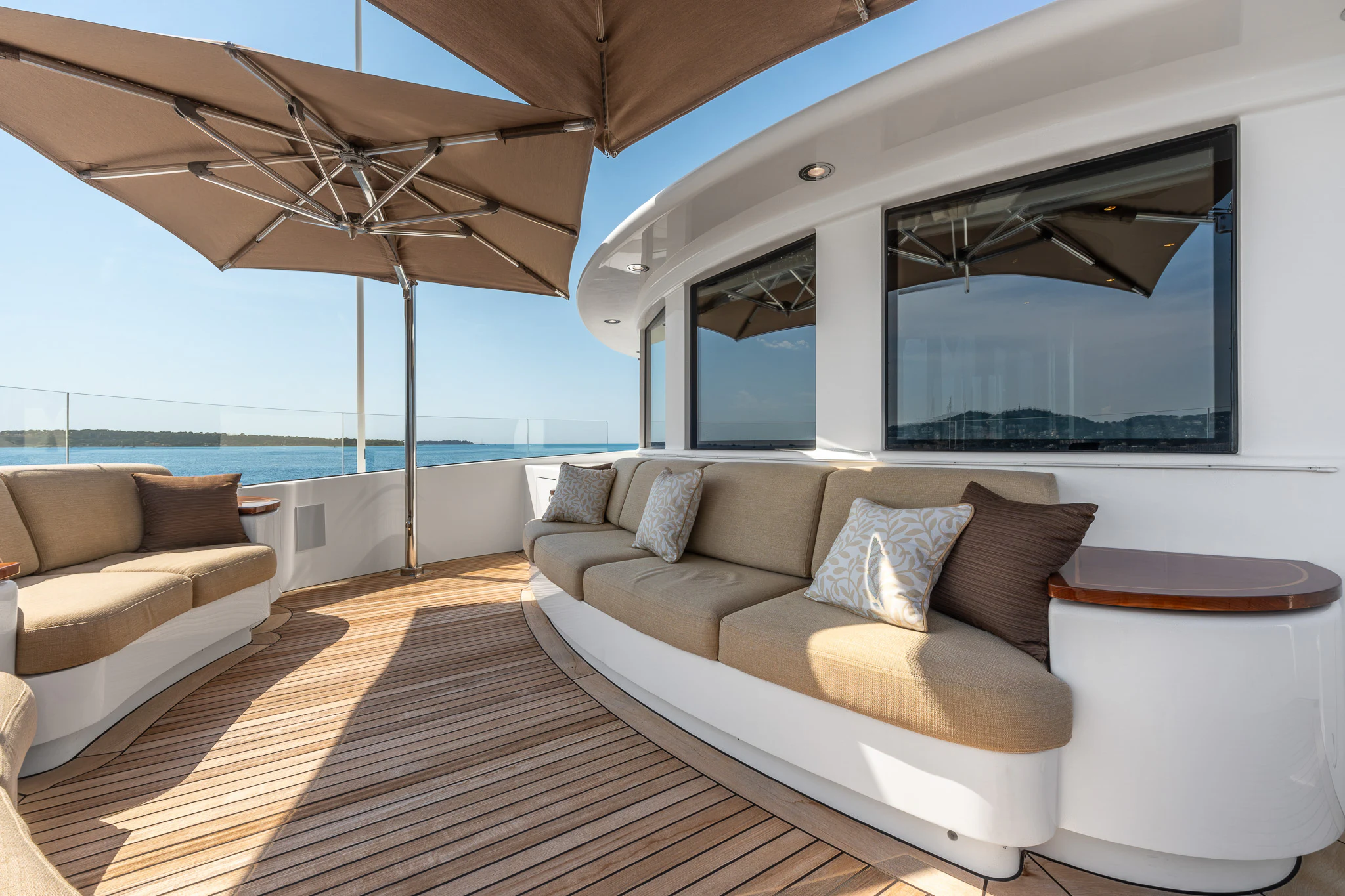 a living room with a large window aboard LADY MAXINE Yacht for Sale
