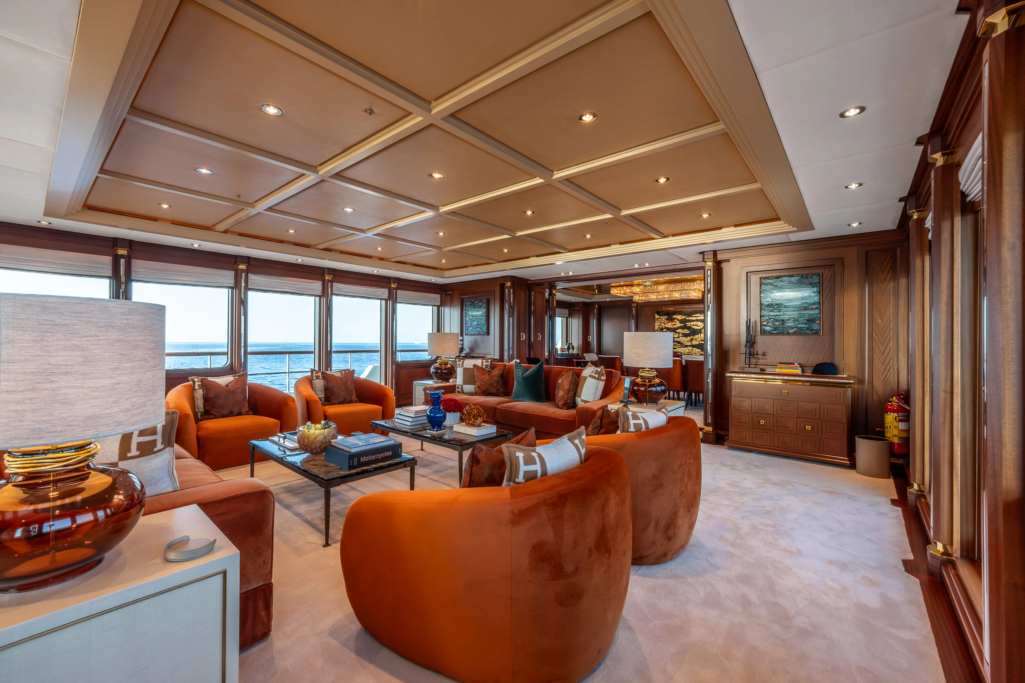 a living room with a large open floor plan aboard LADY MAXINE Yacht for Sale