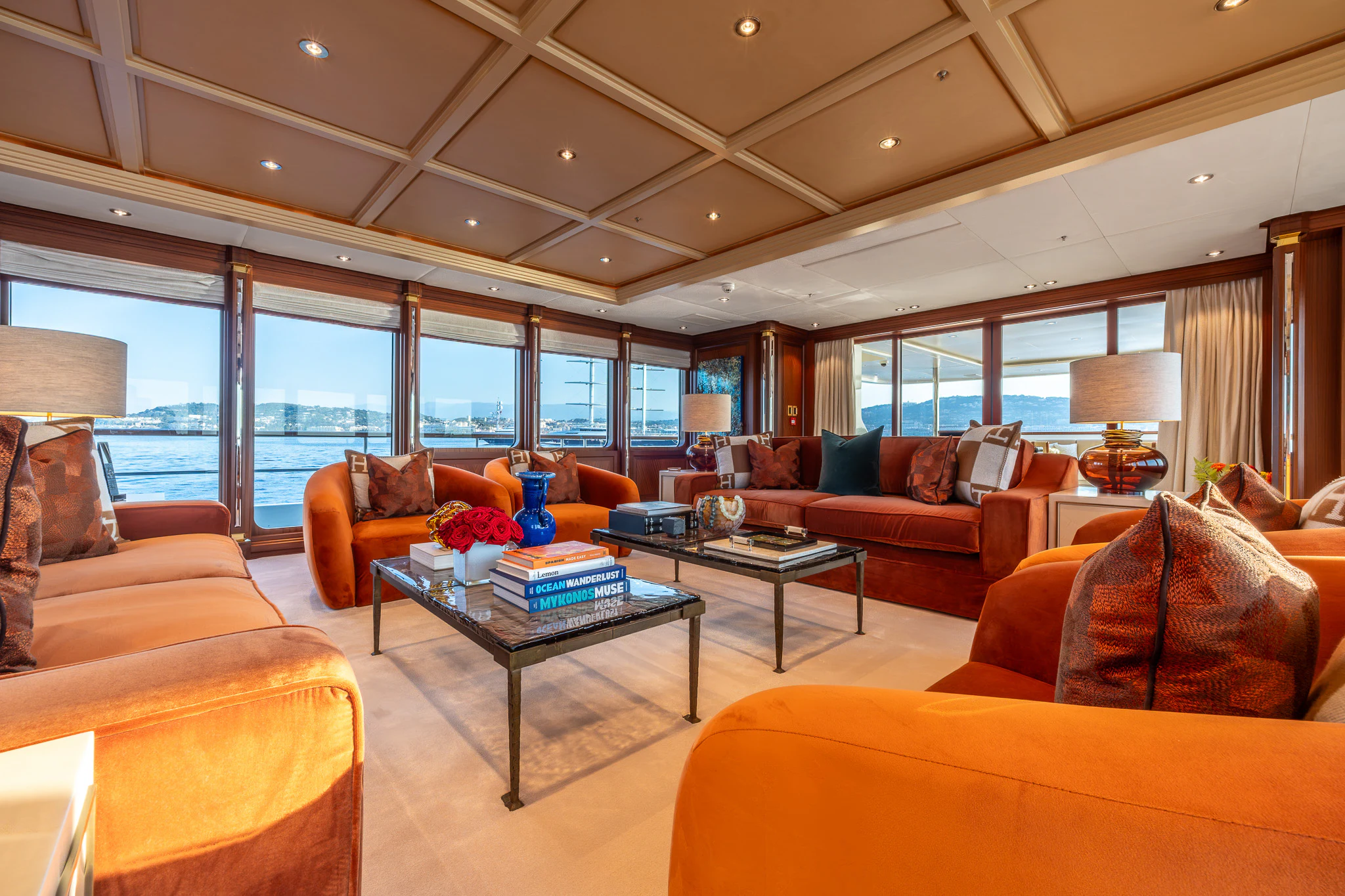 a living room with a large window aboard LADY MAXINE Yacht for Sale