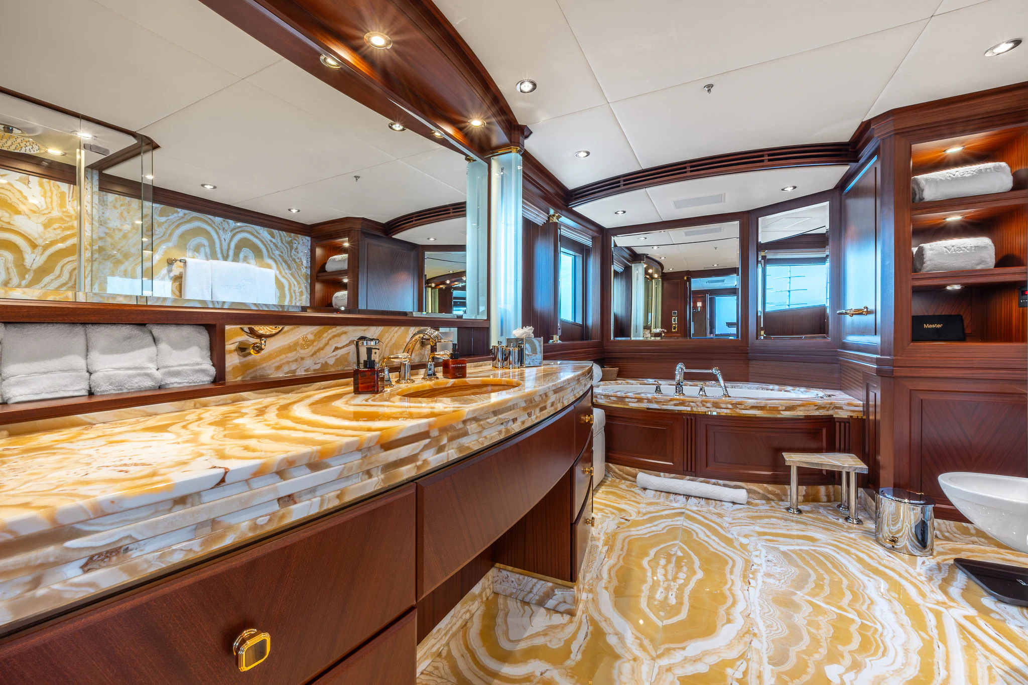 a large bathroom with a large counter aboard LADY MAXINE Yacht for Sale