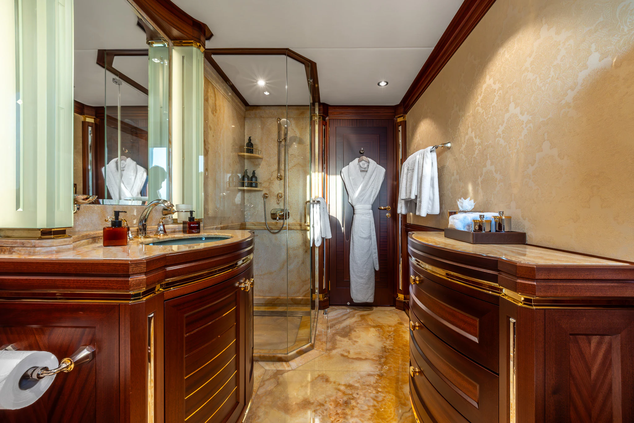 a bathroom with a shower unit and sink aboard LADY MAXINE Yacht for Sale