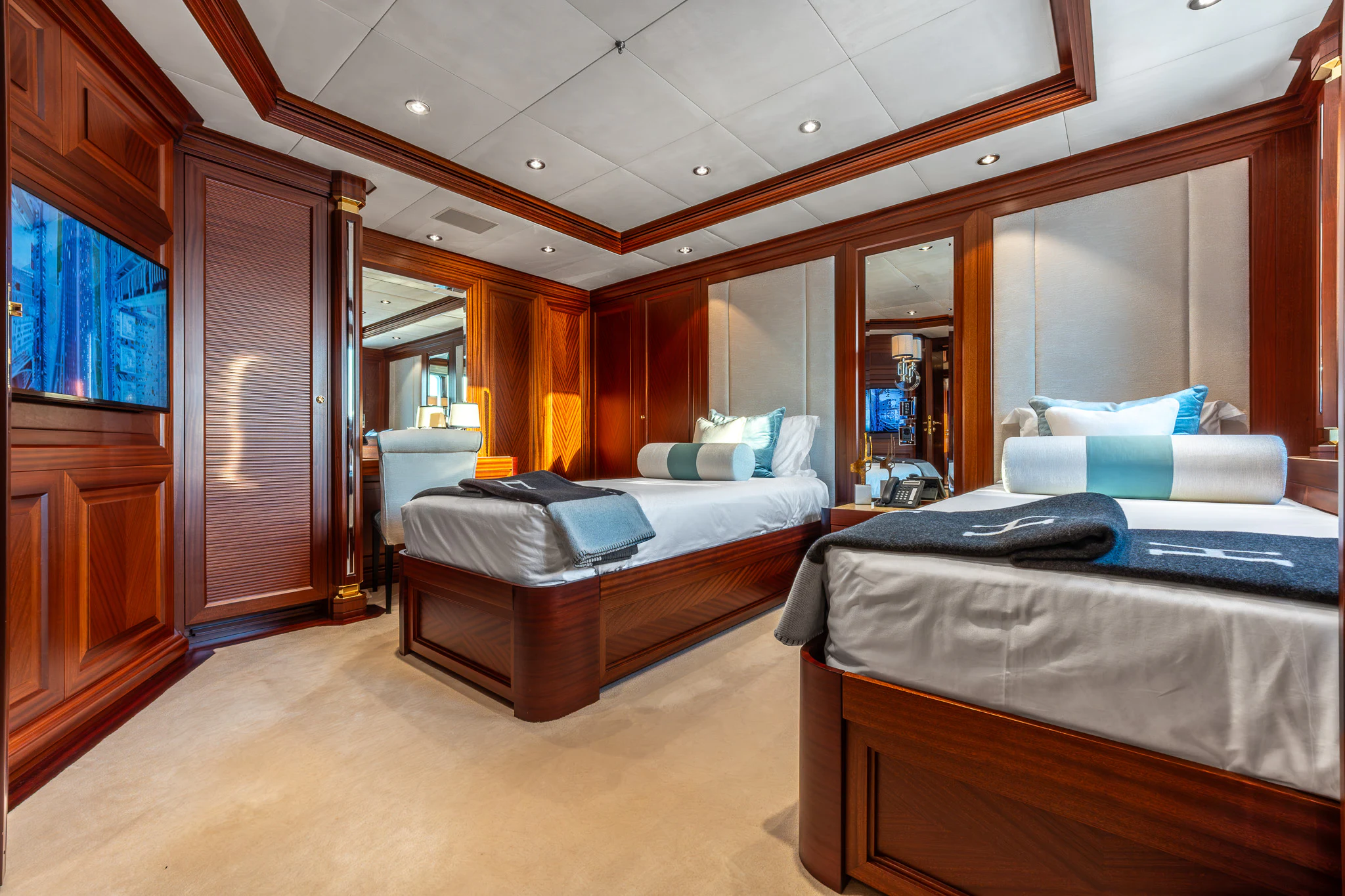 a room with two beds aboard LADY MAXINE Yacht for Sale