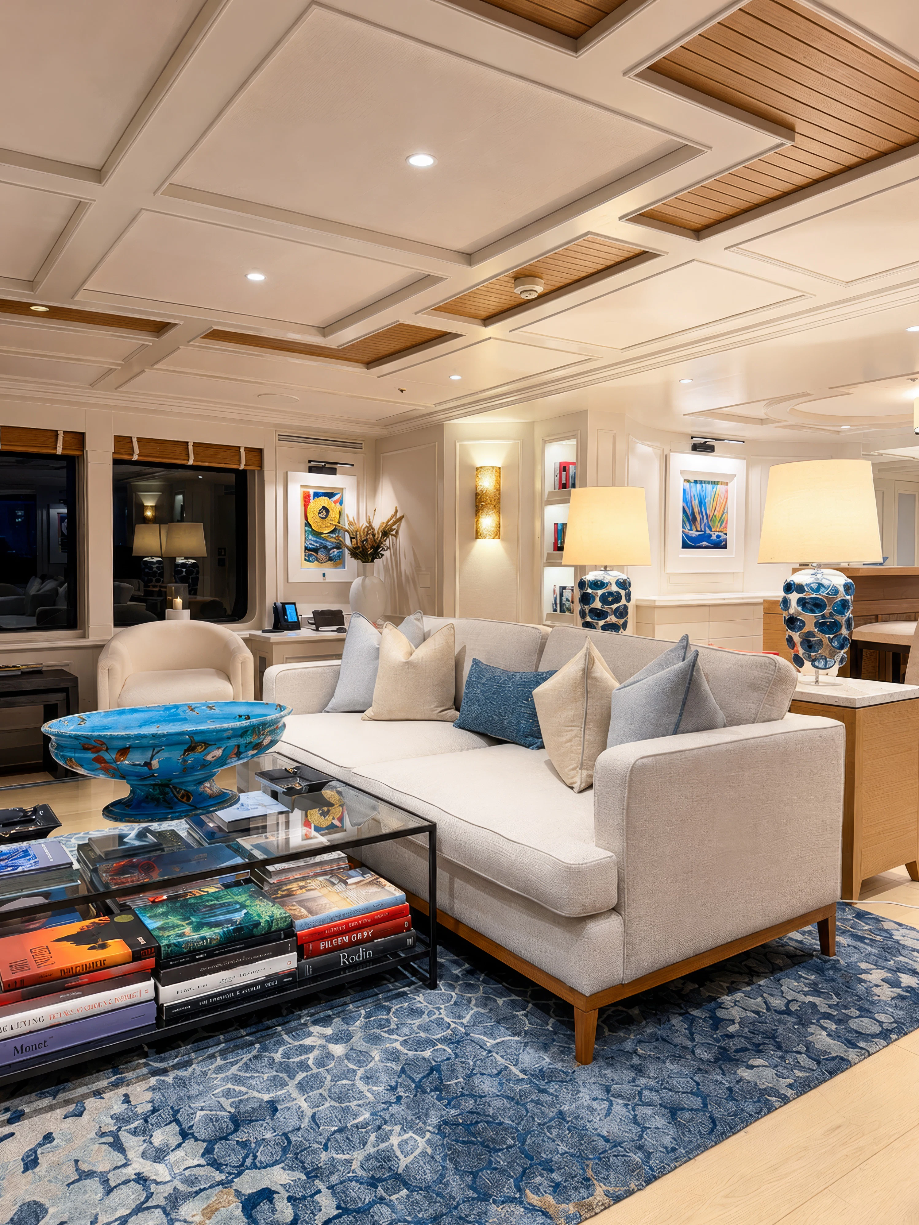a living room with a large white couch and a blue rug aboard MOSAIQUE Yacht for Charter