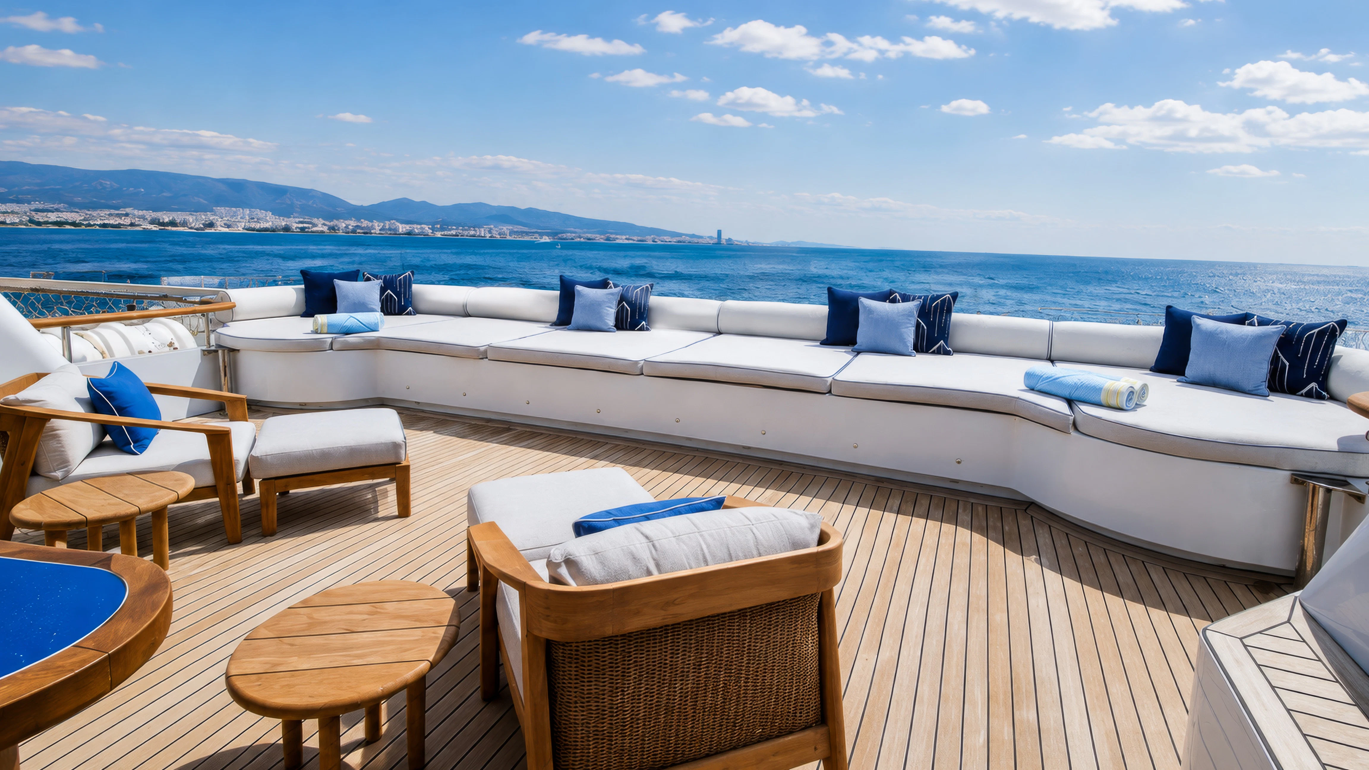 a large white bed on a deck overlooking a large body of water aboard MOSAIQUE Yacht for Charter