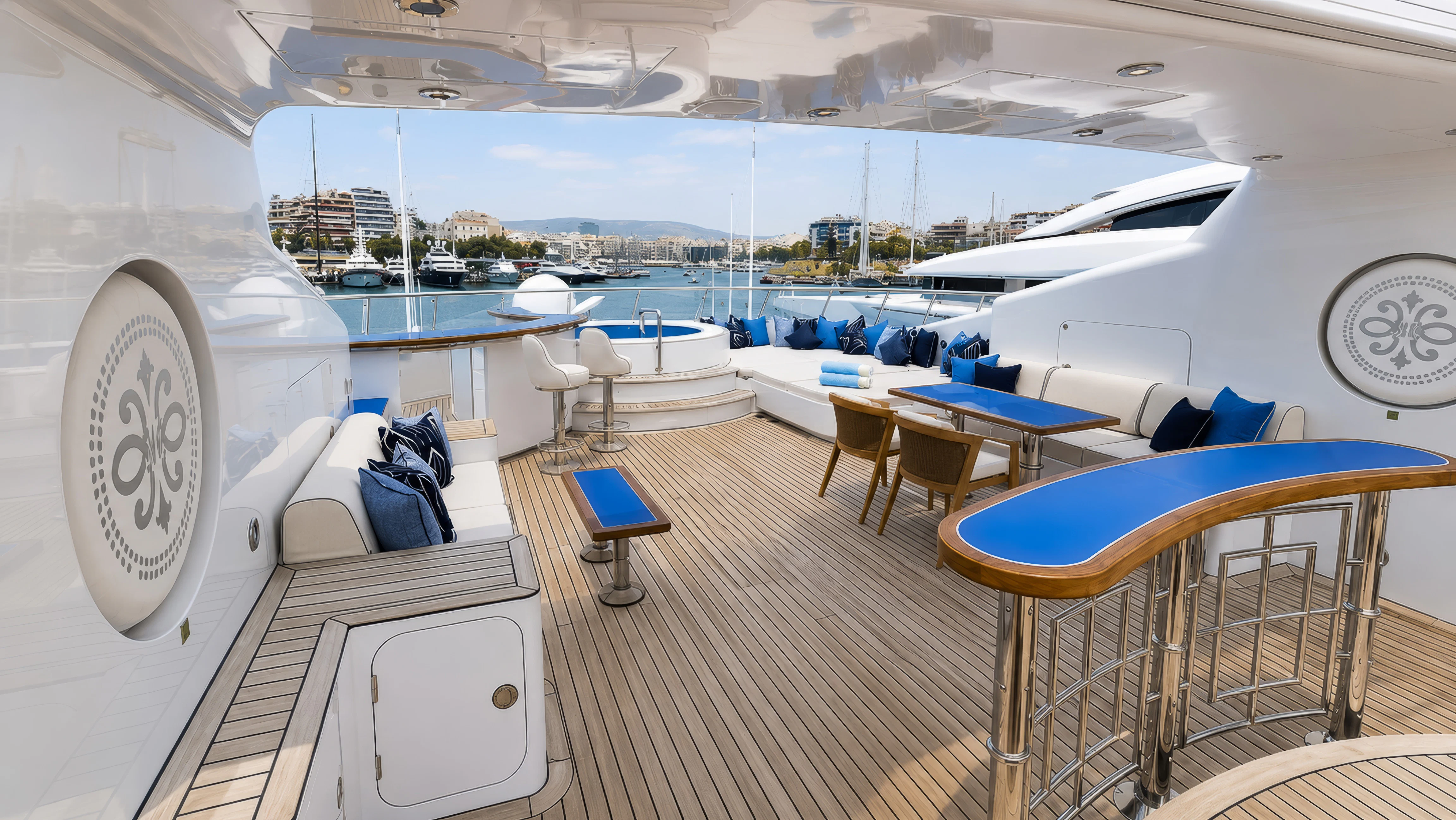 a boat with tables and chairs aboard MOSAIQUE Yacht for Charter