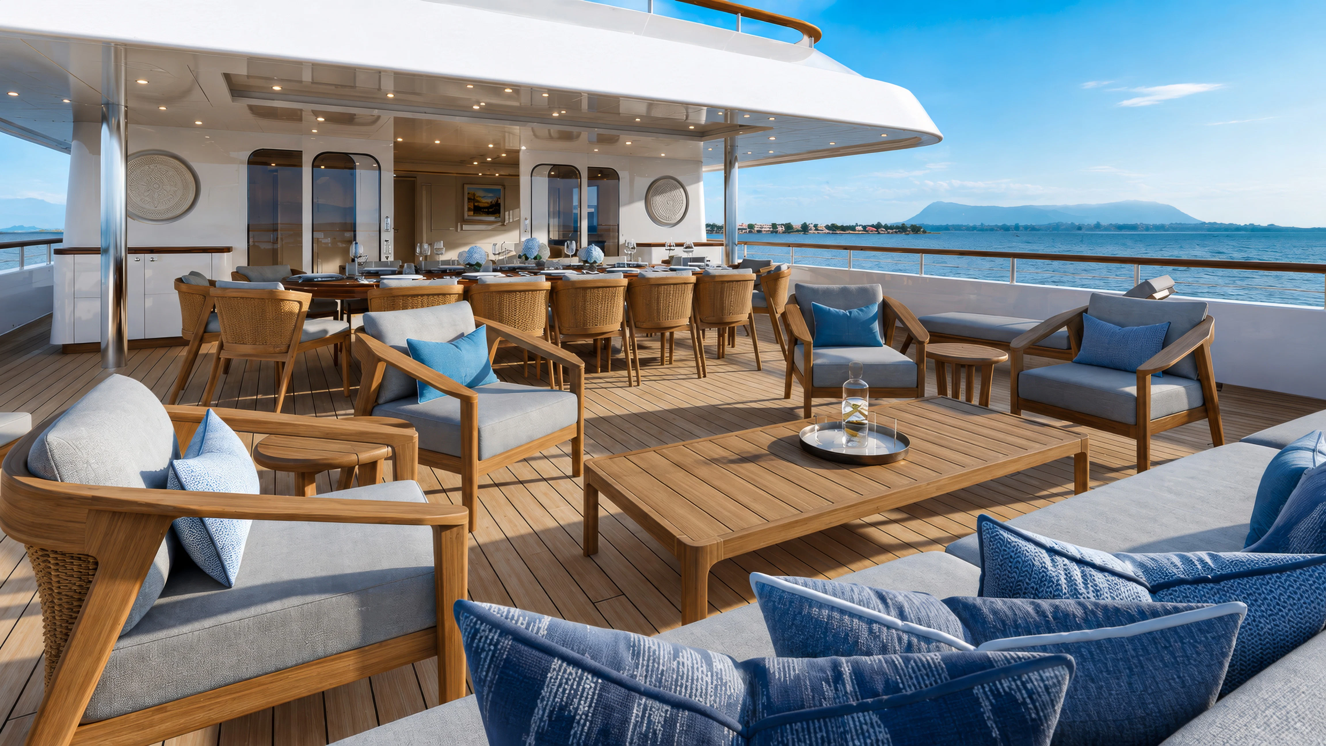 a boat with a table and chairs aboard MOSAIQUE Yacht for Charter