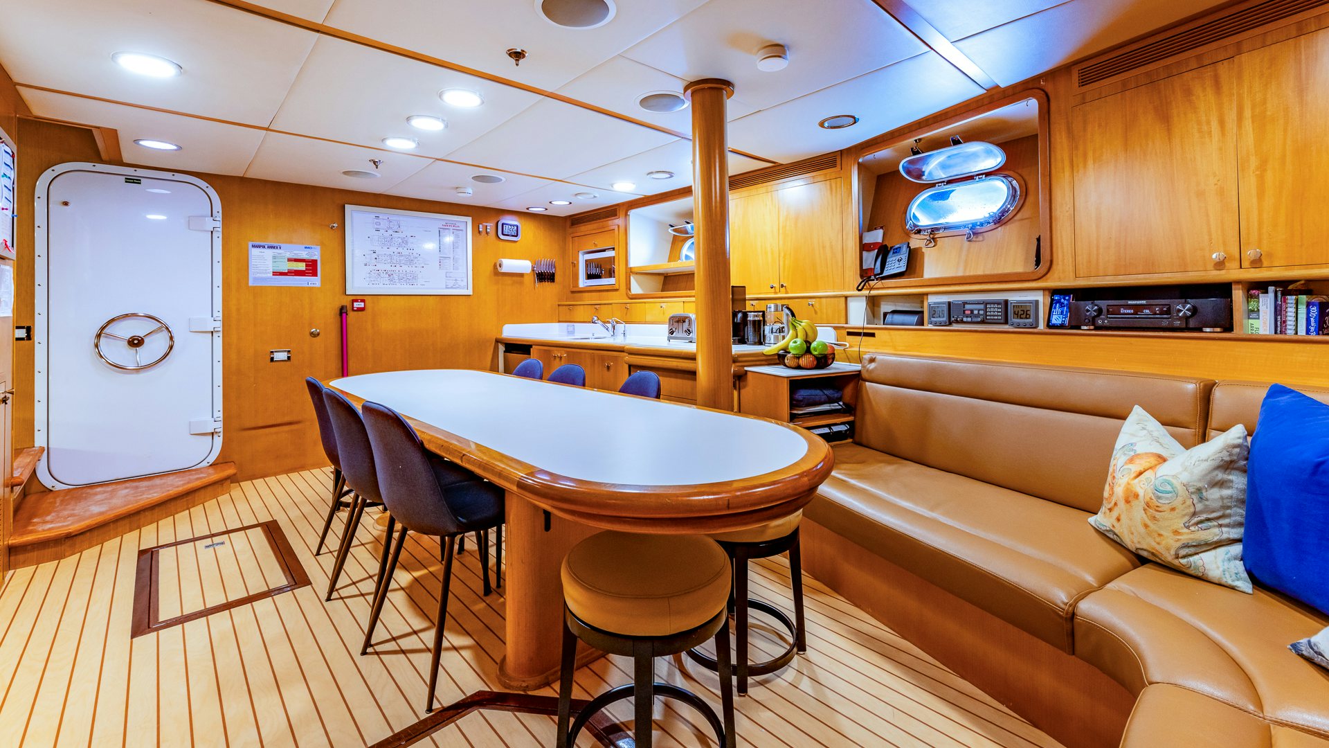 a kitchen and living room aboard FOCUS Yacht for Sale