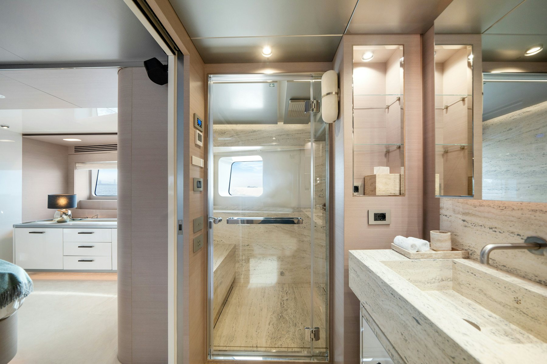 a bathroom with a glass shower aboard CAPE COD II Yacht for Sale