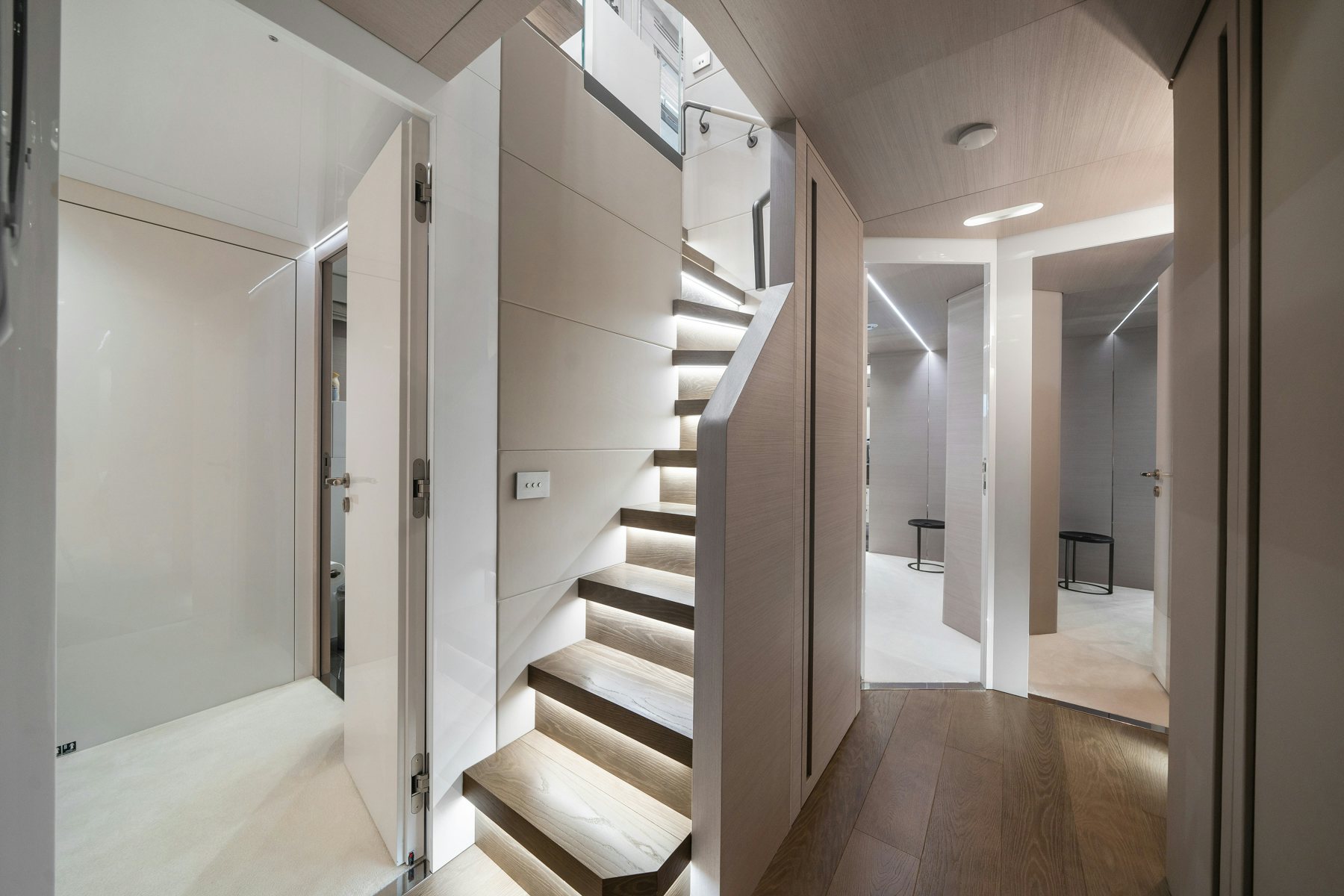 a hallway with white walls aboard CAPE COD II Yacht for Sale