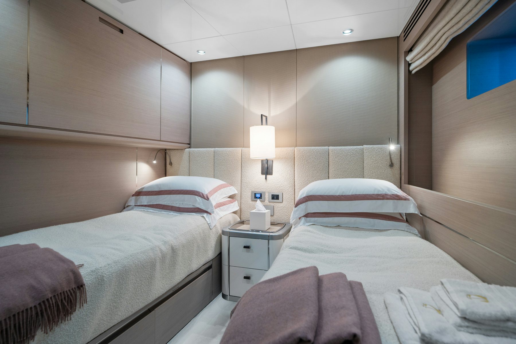 a room with two beds aboard CAPE COD II Yacht for Sale