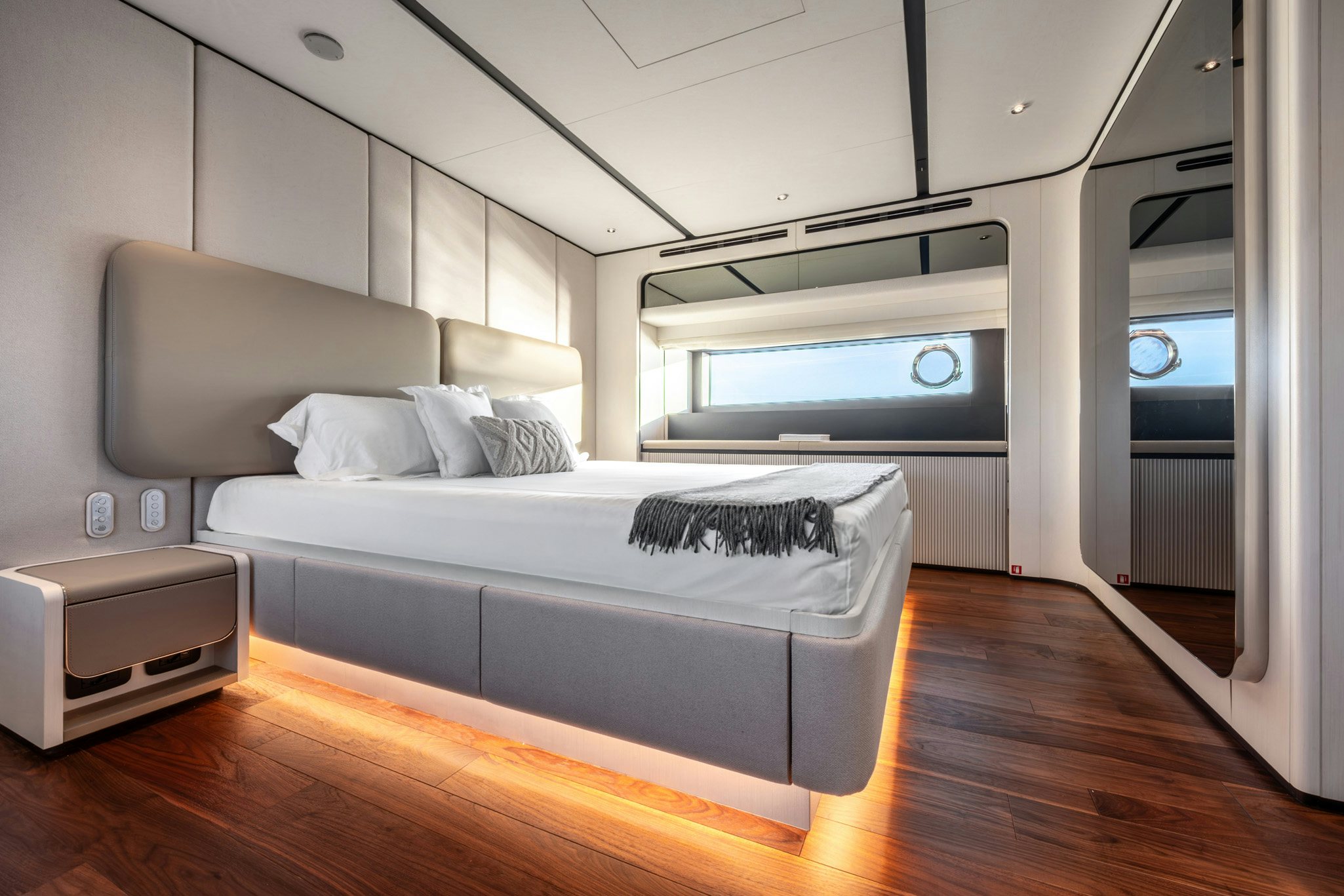 a bed in a room aboard TOGETHER Yacht for Charter