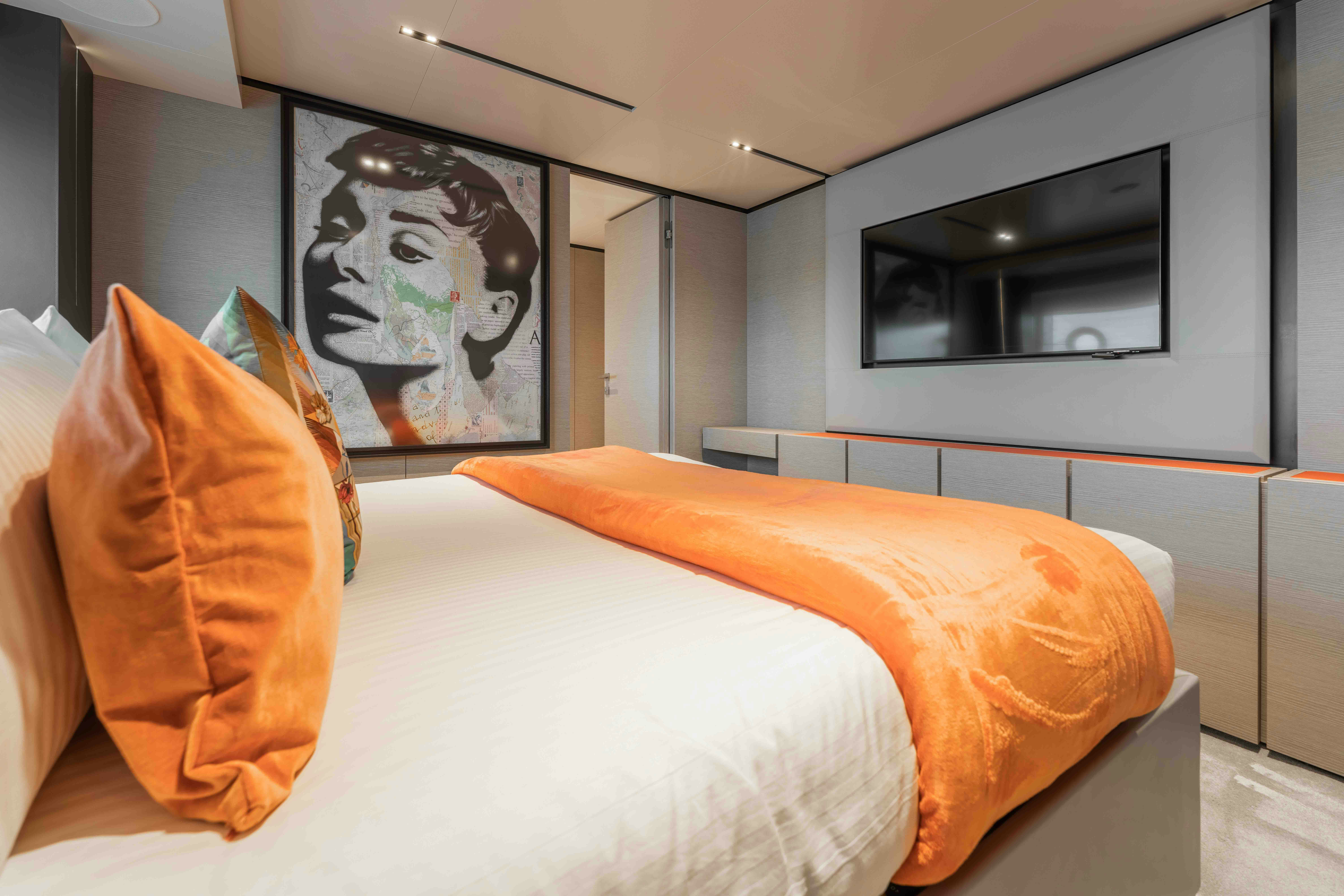 a bed in a room aboard RENEWAL 3 Yacht for Sale