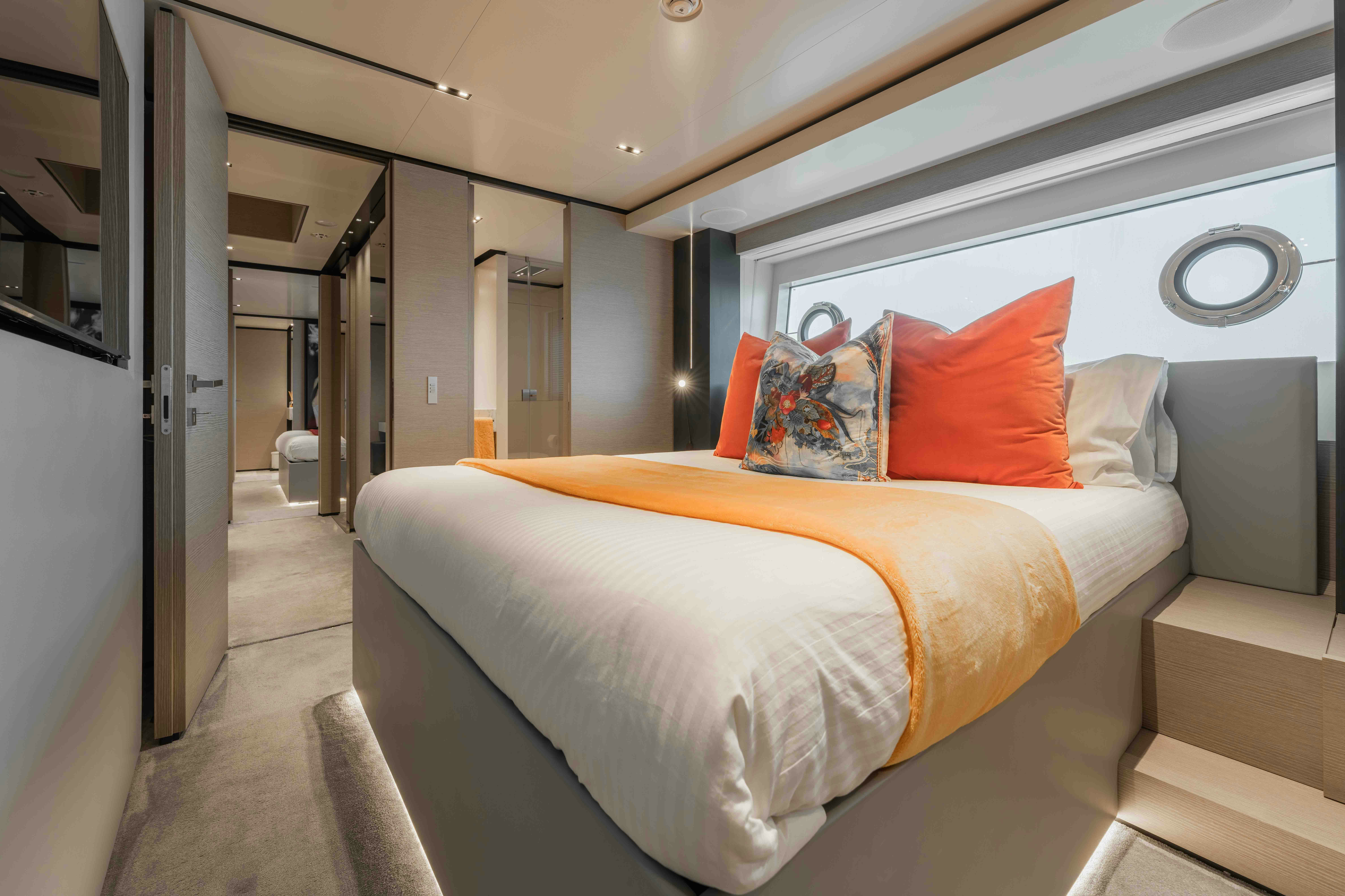 a bed in a room aboard RENEWAL 3 Yacht for Sale