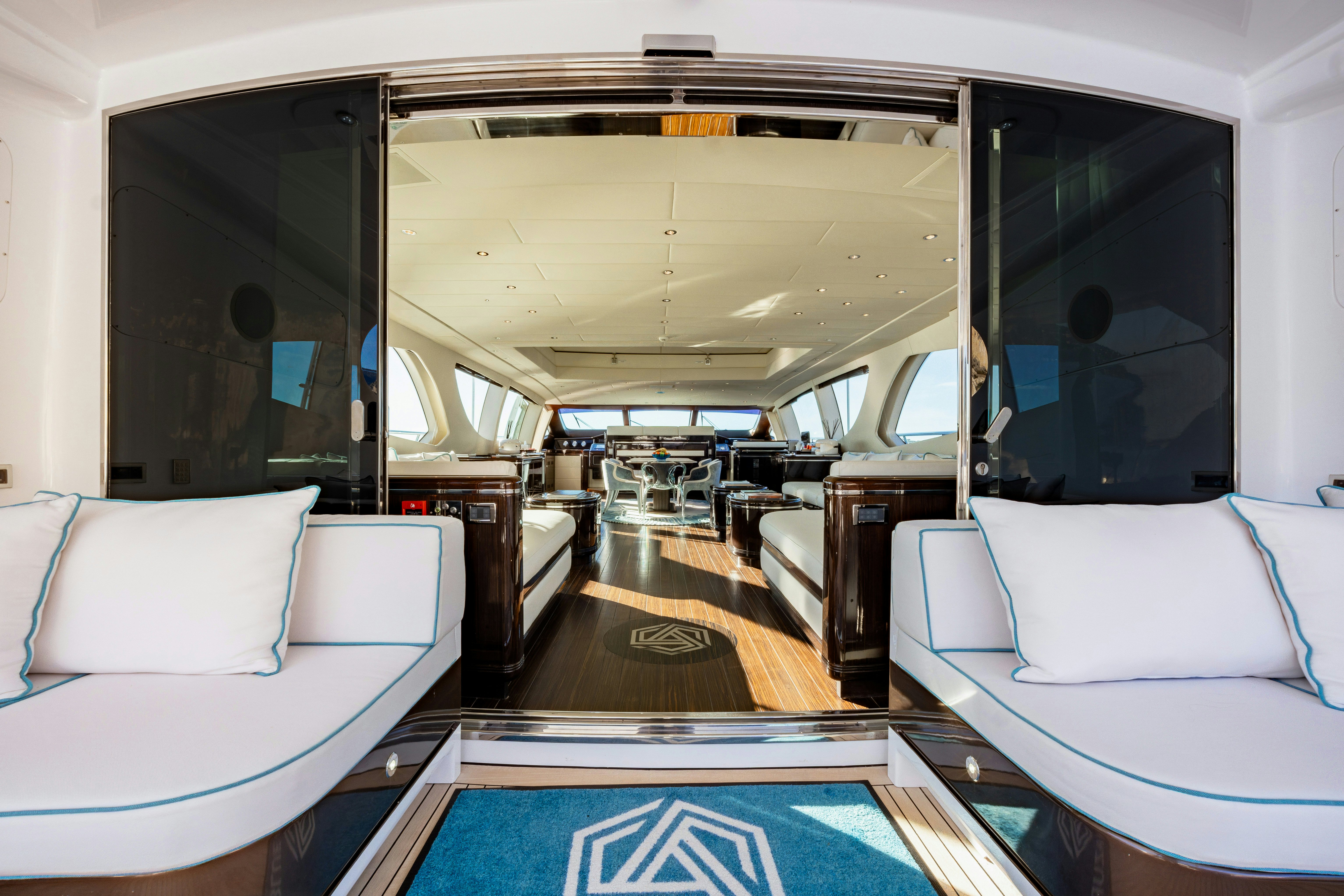 a train with a wood floor aboard BLUE AZUR Yacht for Sale