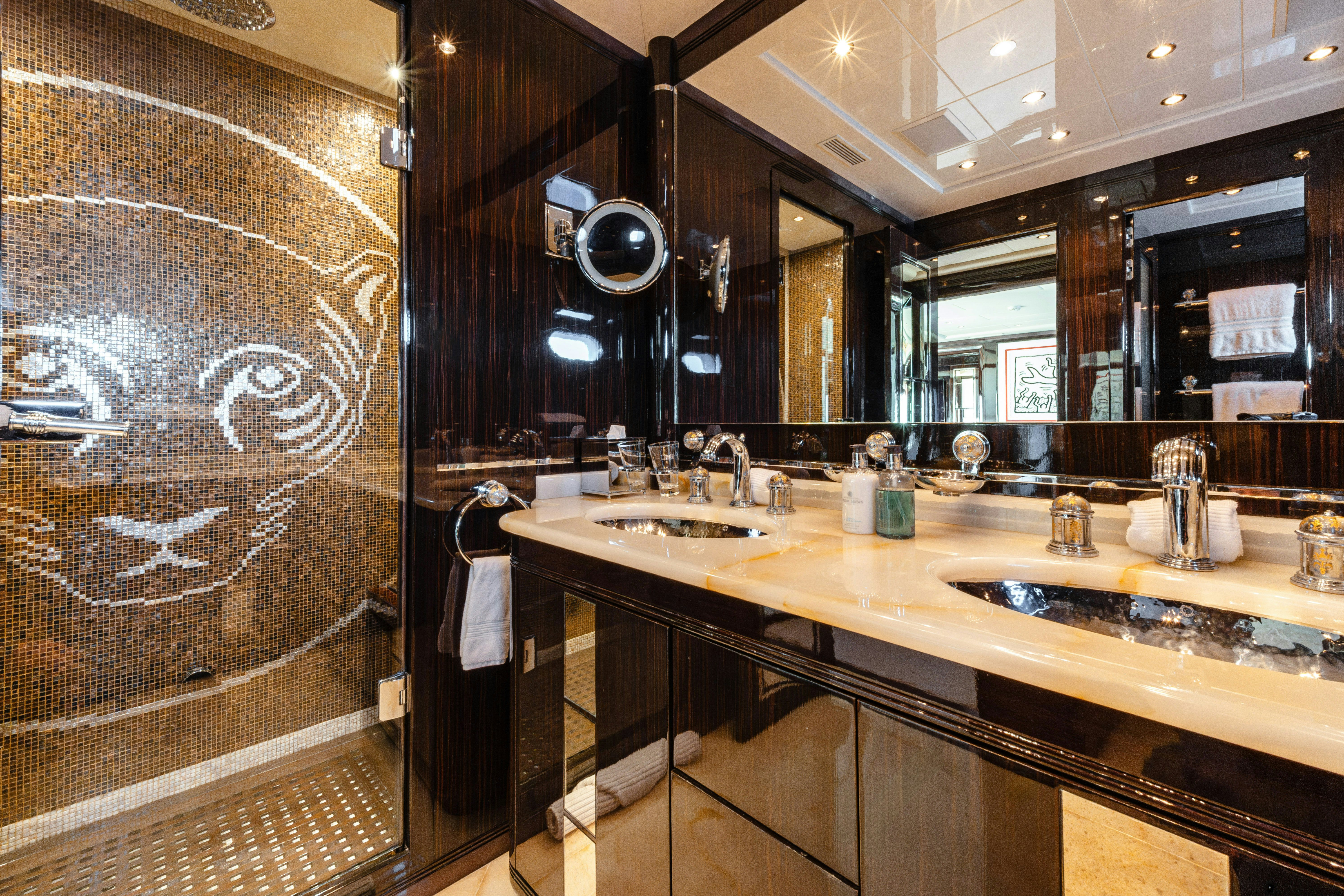 a bathroom with a large mirror aboard BLUE AZUR Yacht for Sale