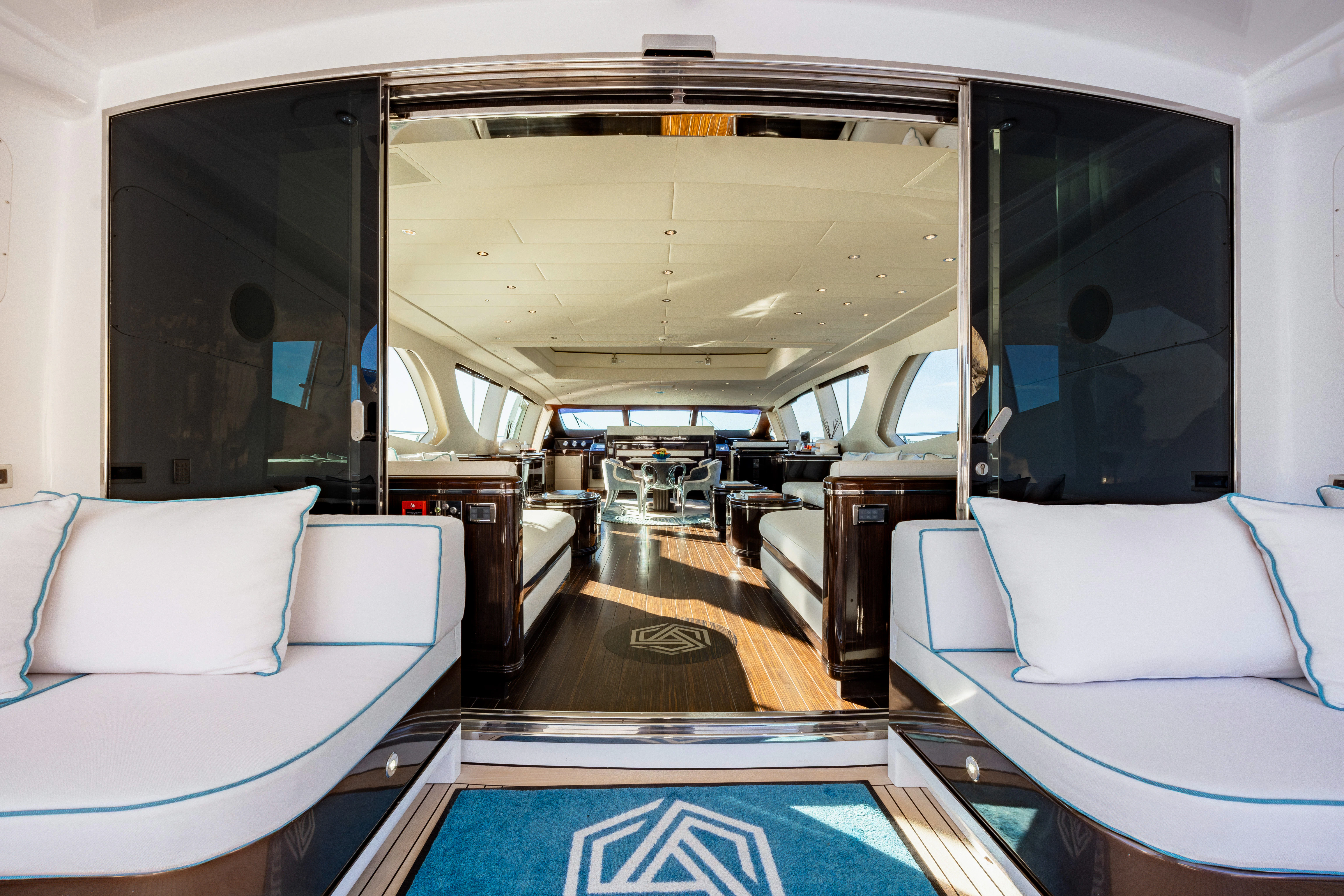 a train with a wood floor aboard BLUE AZUR Yacht for Charter