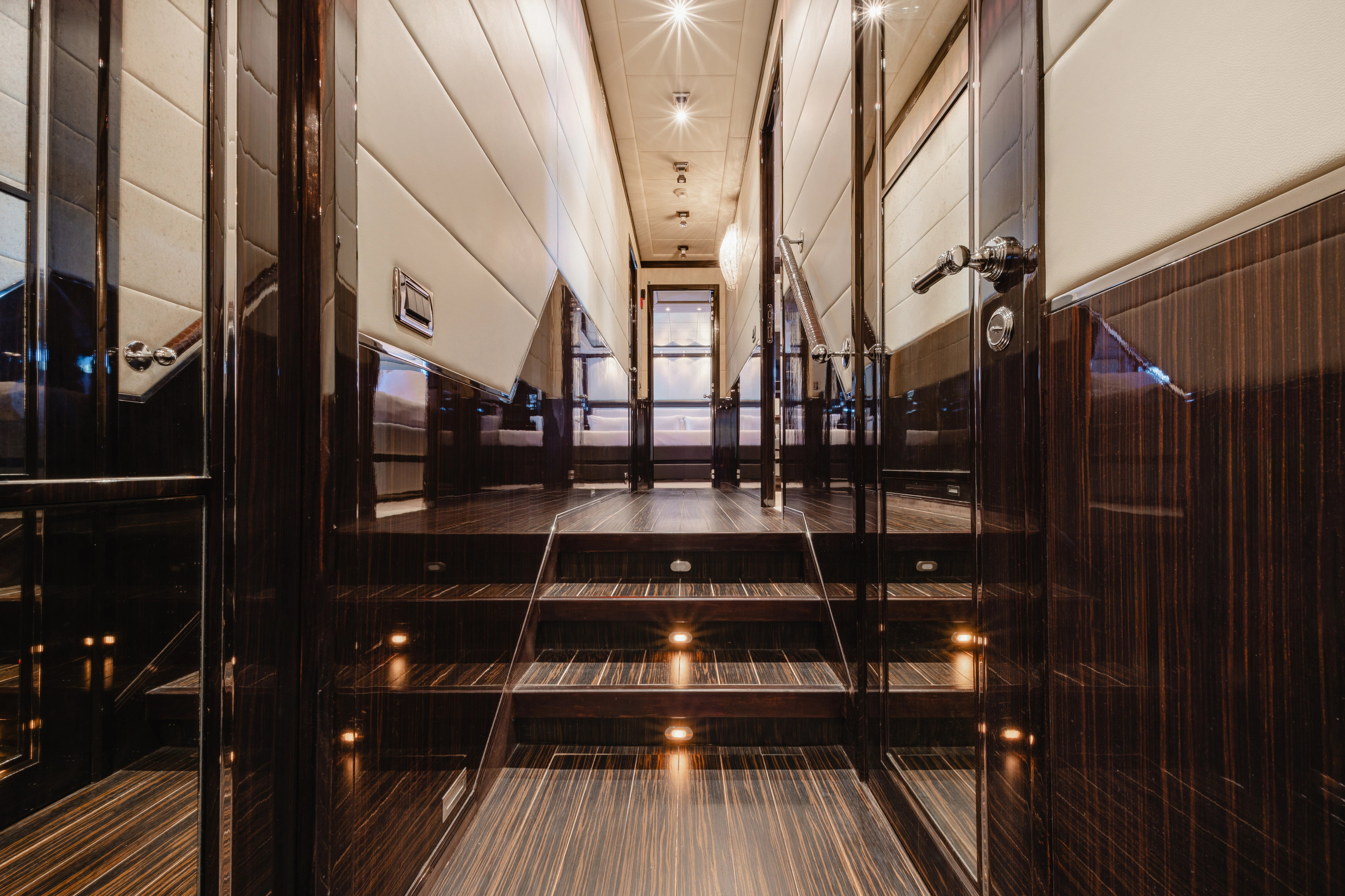a hallway with metal railings aboard BLUE AZUR Yacht for Charter