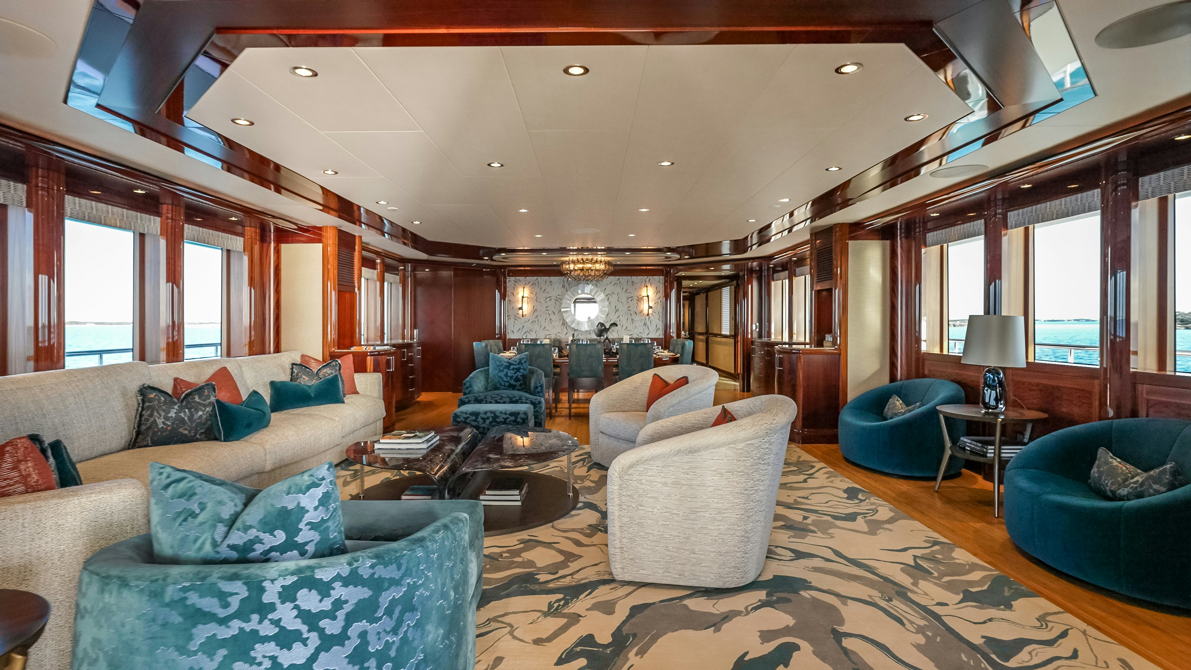 a living room with a large open floor plan aboard VALINOR Yacht for Sale
