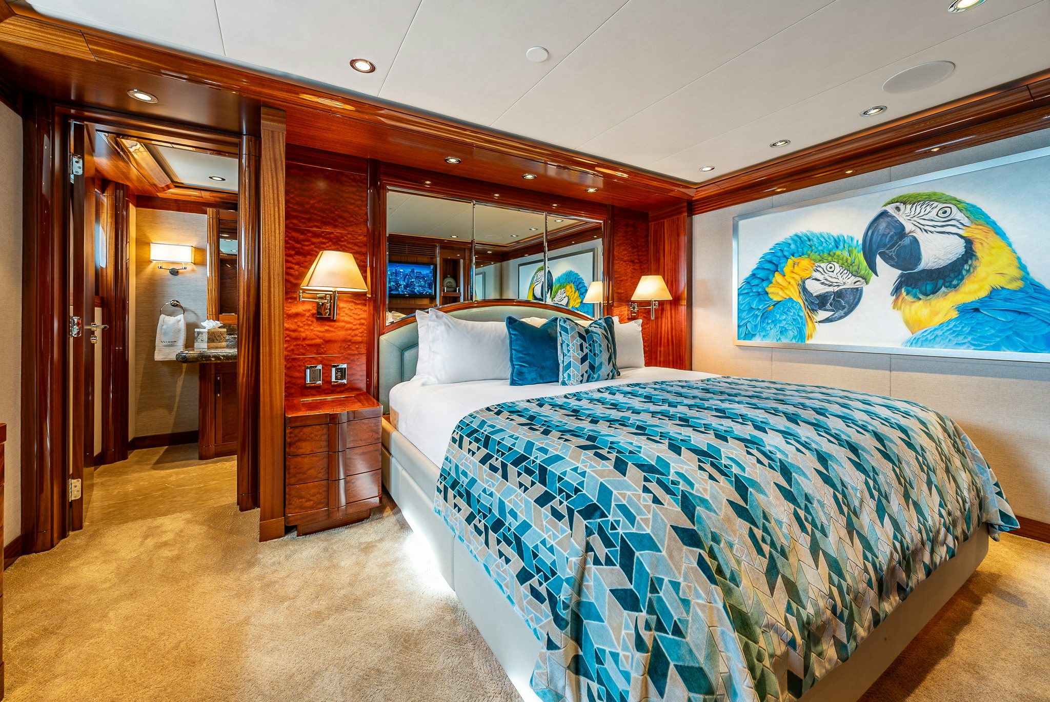 a bedroom with two beds aboard VALINOR Yacht for Charter