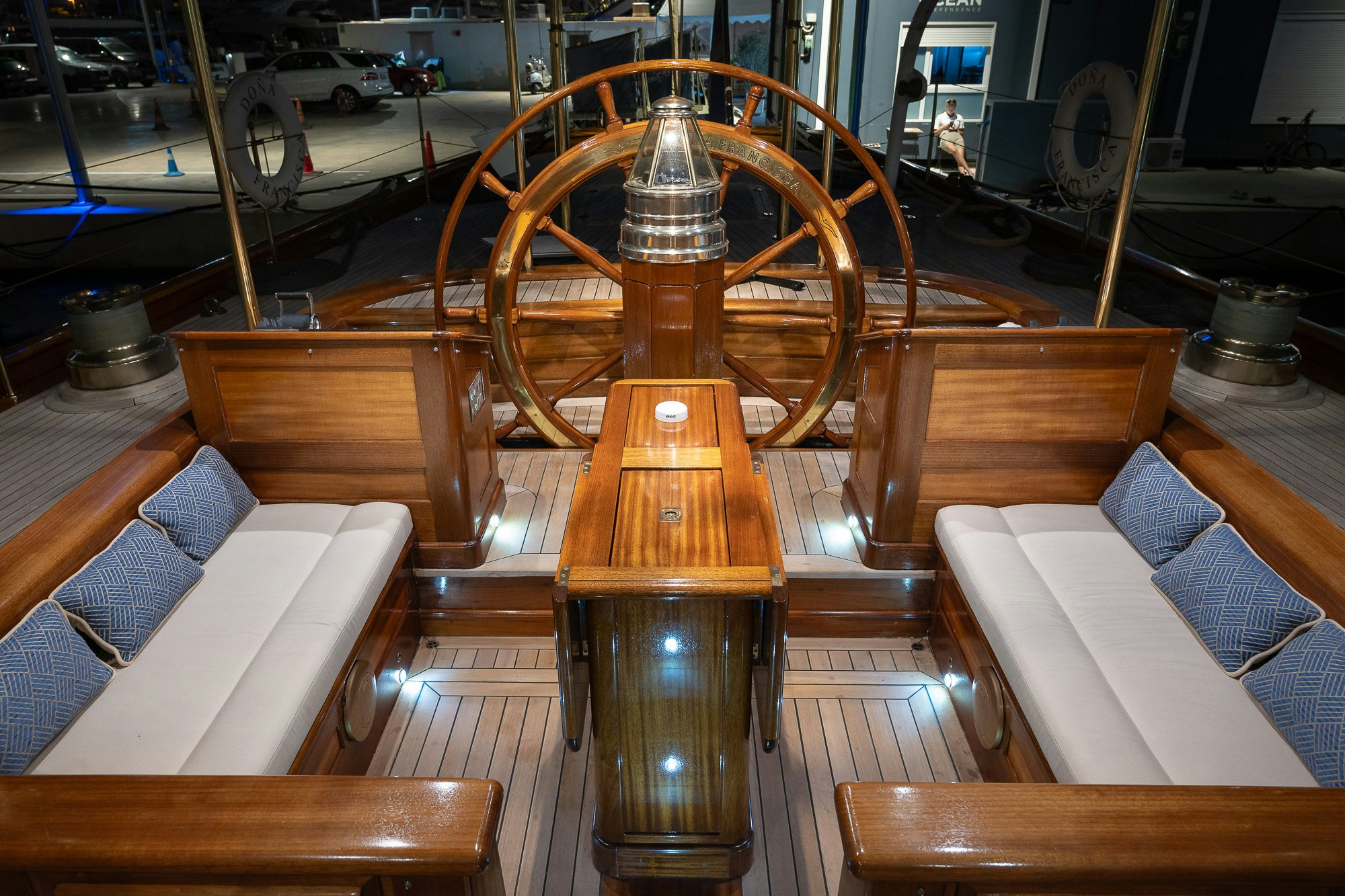 a wooden wheel on a boat aboard DONA FRANCISCA Yacht for Sale